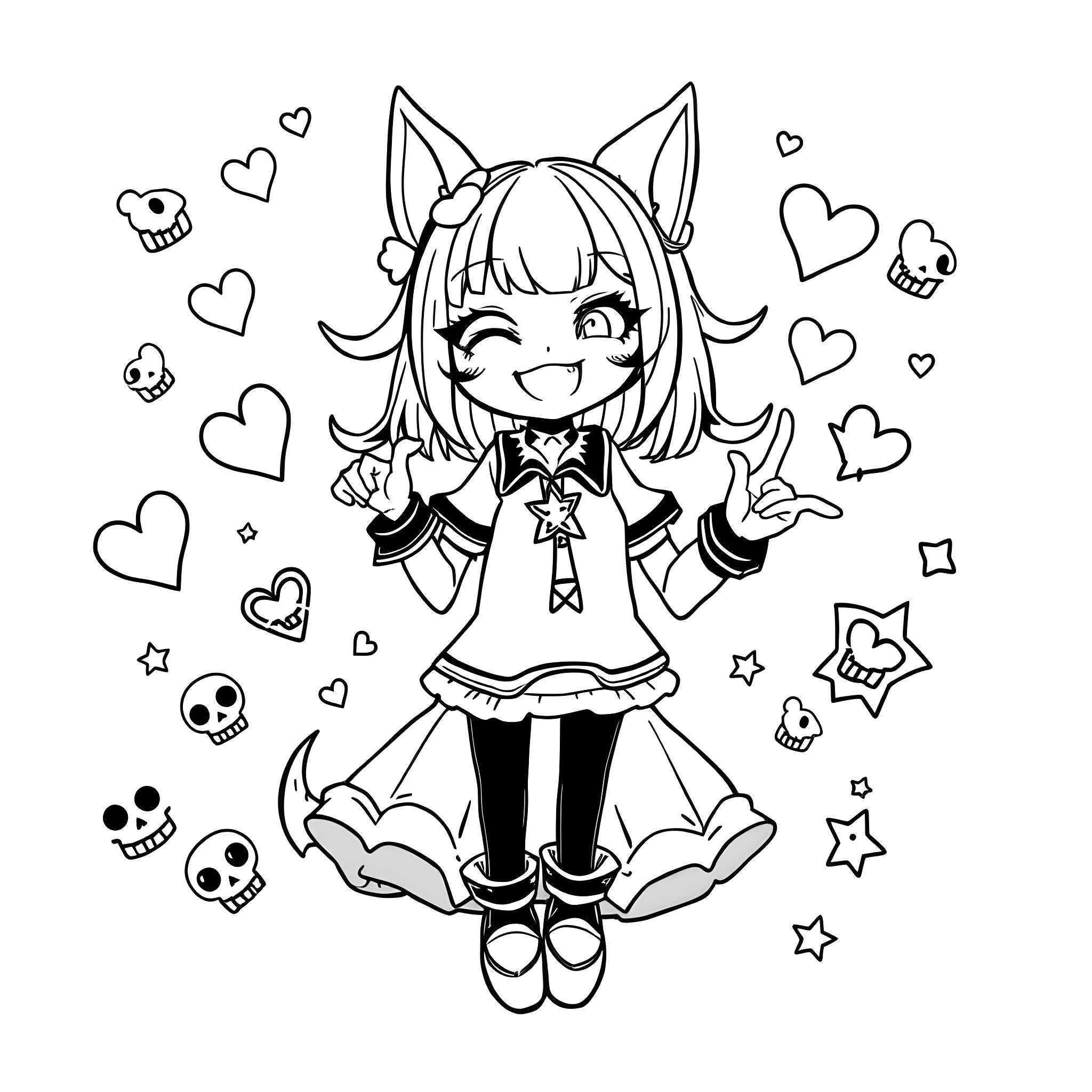 Kuromi in a cheerful and expressive pose with hearts and skull symbols Coloring Page (free black-and-white line drawing printable PDF for all, from beginners to advanced learners, including children, teens, adults, and seniors)