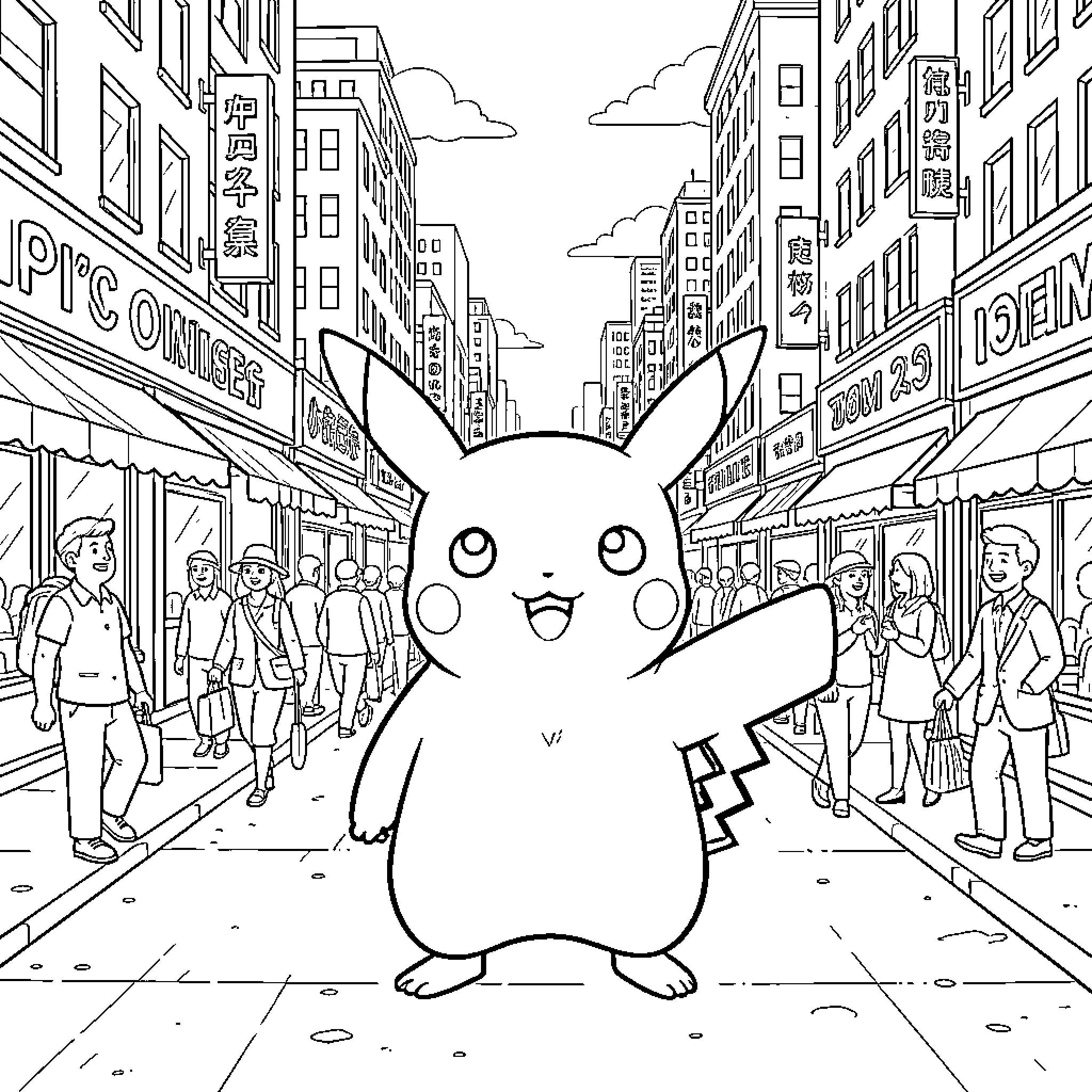 Pikachu exploring a bustling city street Coloring Page (free black-and-white line drawing printable PDF for all, from beginners to advanced learners, including children, teens, adults, and seniors)