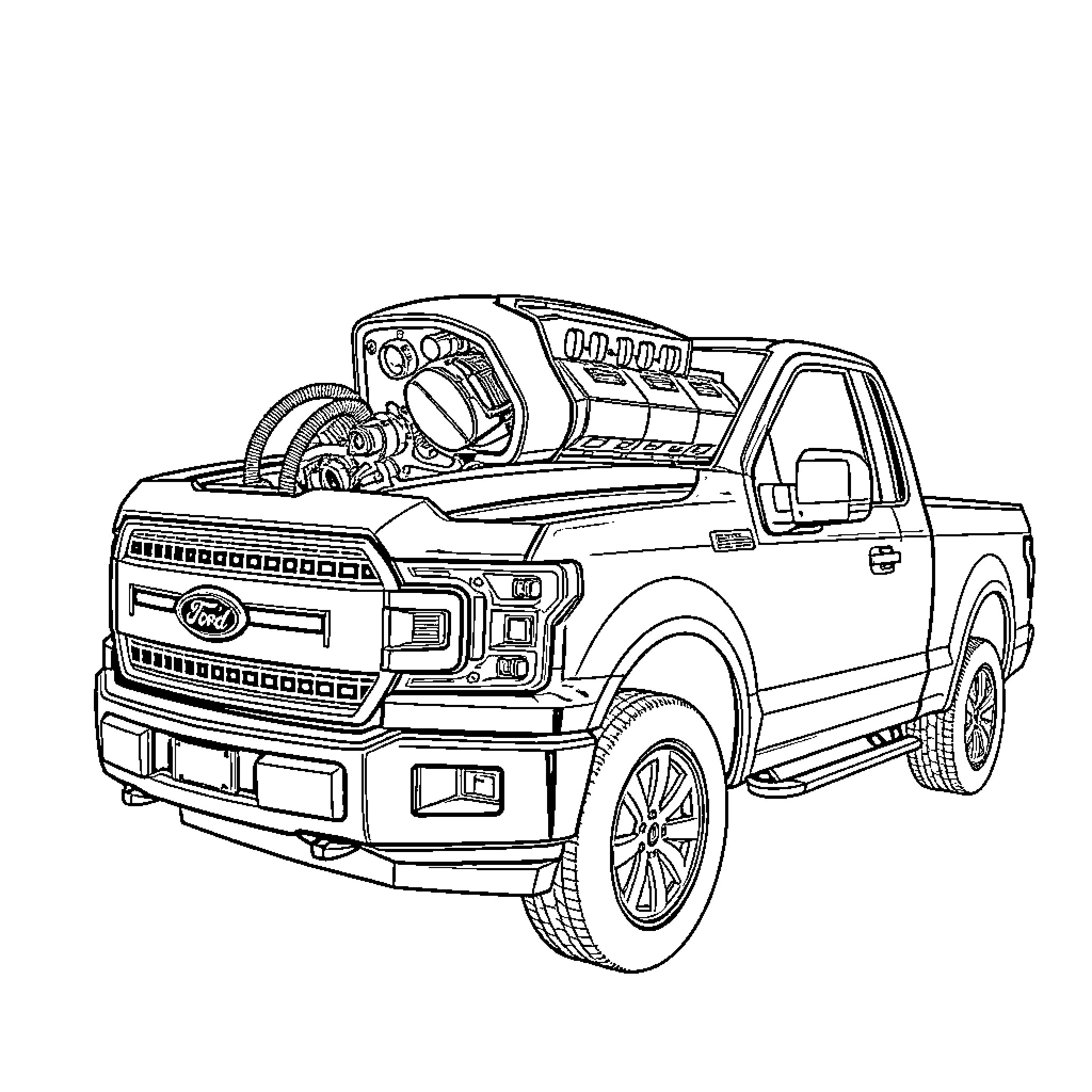 Engine-powered pickup truck on the road Coloring Page (free black-and-white line drawing printable PDF for all, from beginners to advanced learners, including children, teens, adults, and seniors)