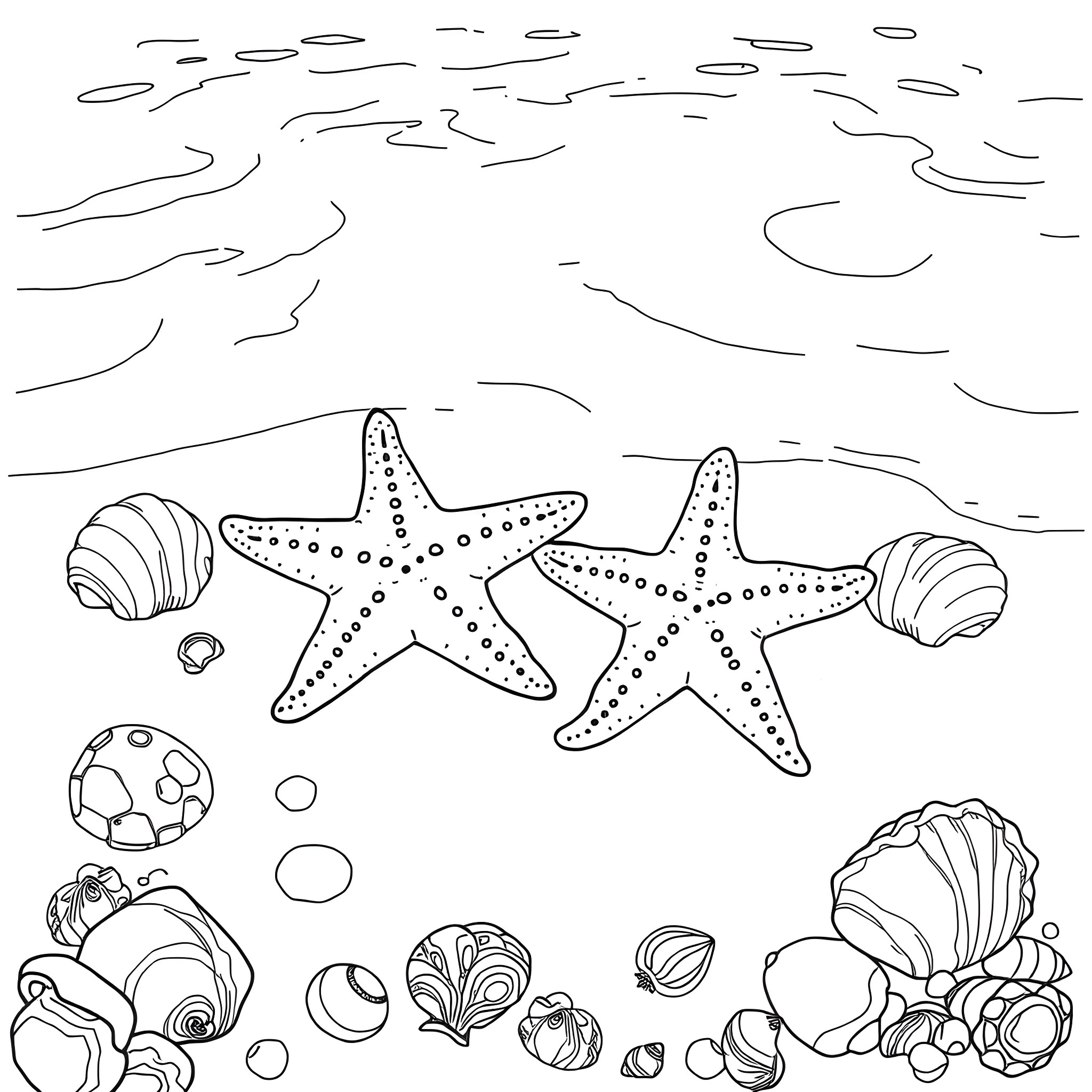 Starfish and seashells on the beach Coloring Page (free black-and-white line drawing printable PDF for all, from beginners to advanced learners, including children, teens, adults, and seniors)
