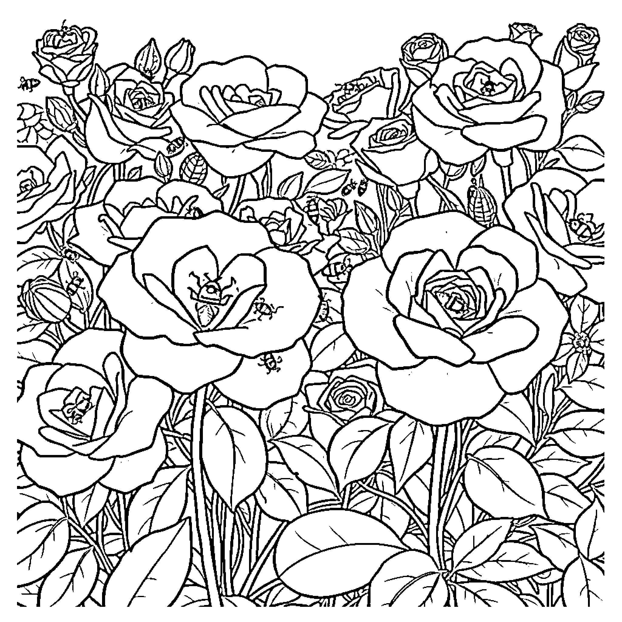 Rose Garden Blooming with Beauty Coloring Page (free black-and-white line drawing printable PDF for all, from beginners to advanced learners, including children, teens, adults, and seniors)