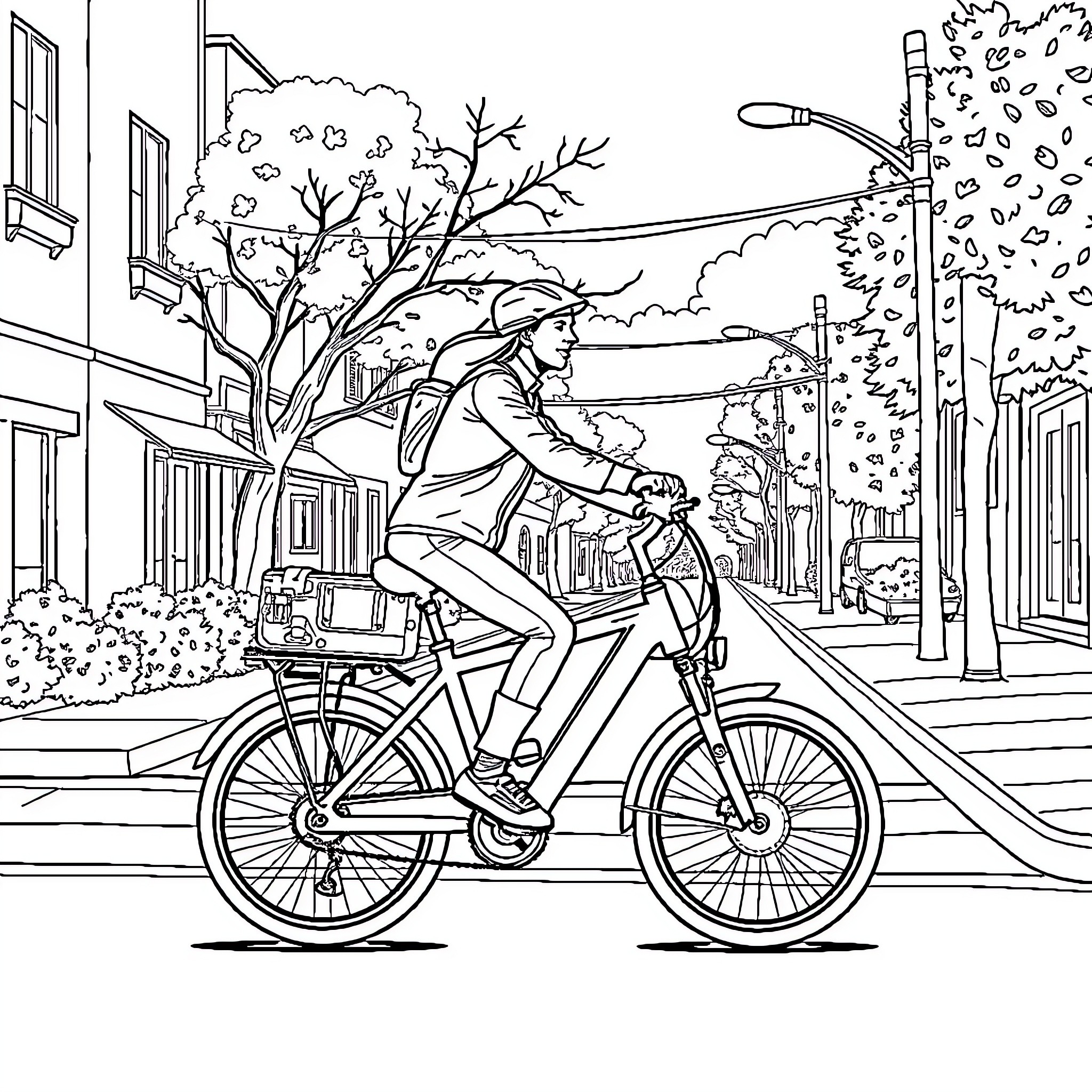 Person riding bicycle down an urban street Coloring Page (free black-and-white line drawing printable PDF for all, from beginners to advanced learners, including children, teens, adults, and seniors)