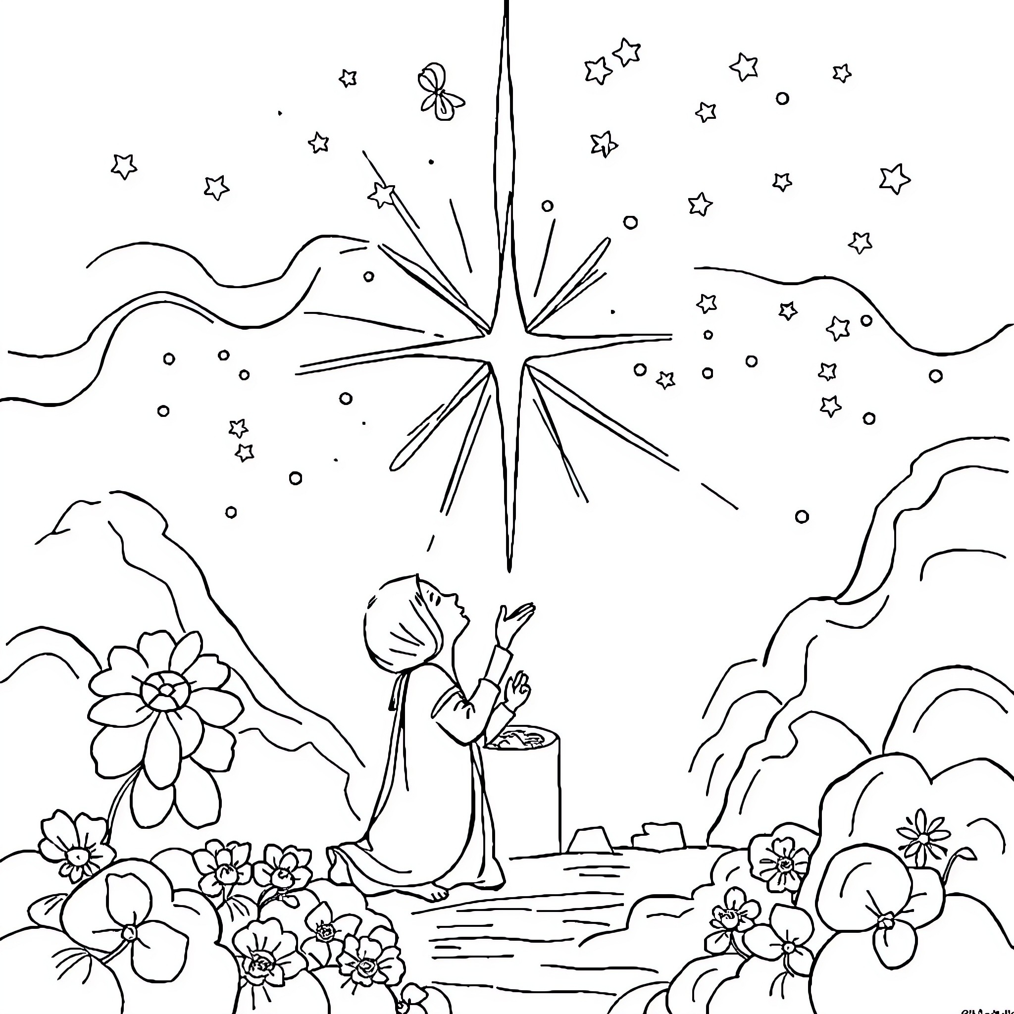 Miraculous Night Sky with Wondrous Illumination Coloring Page (free black-and-white line drawing printable PDF for all, from beginners to advanced learners, including children, teens, adults, and seniors)