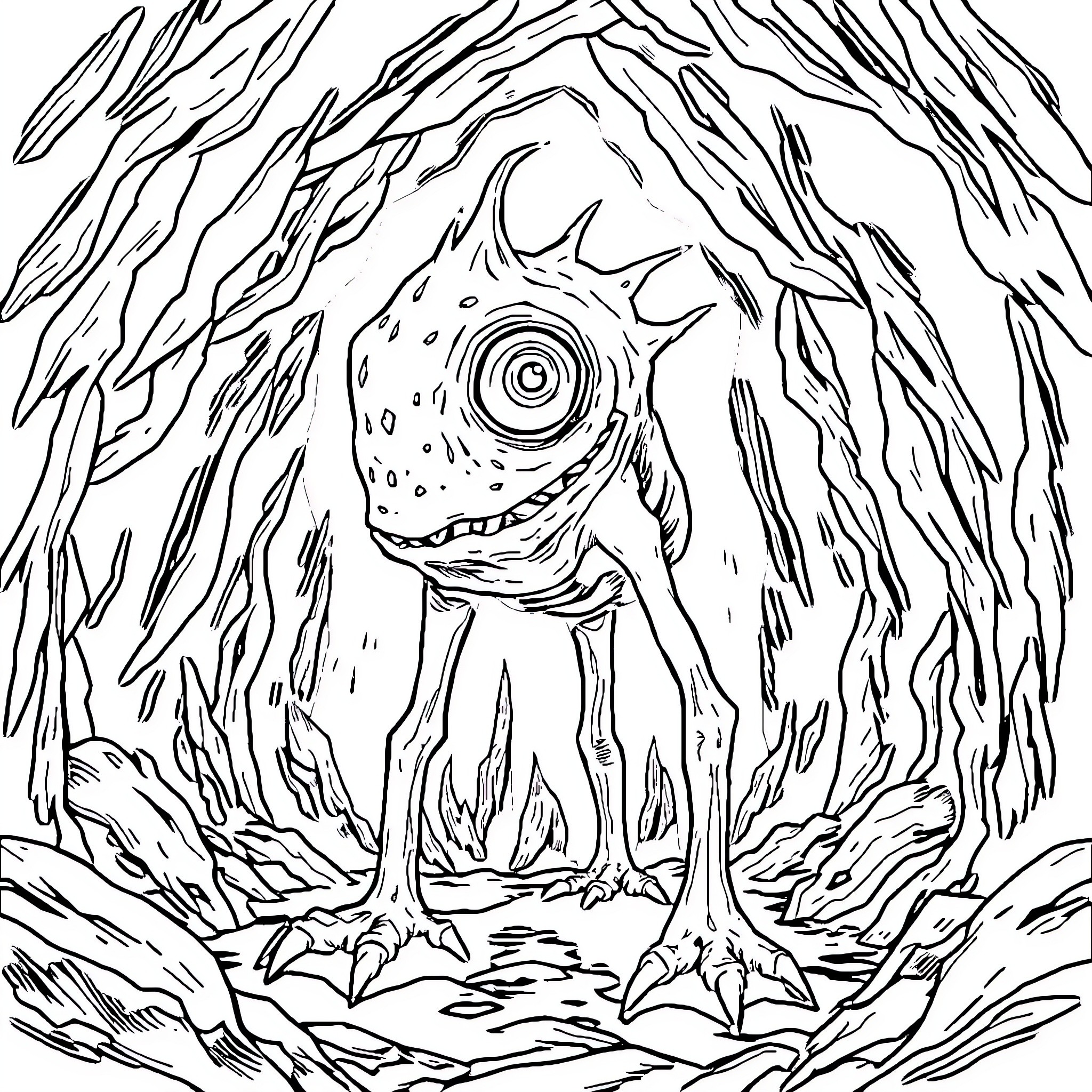Monster emerging from a dark forest Coloring Page (free black-and-white line drawing printable PDF for all, from beginners to advanced learners, including children, teens, adults, and seniors)