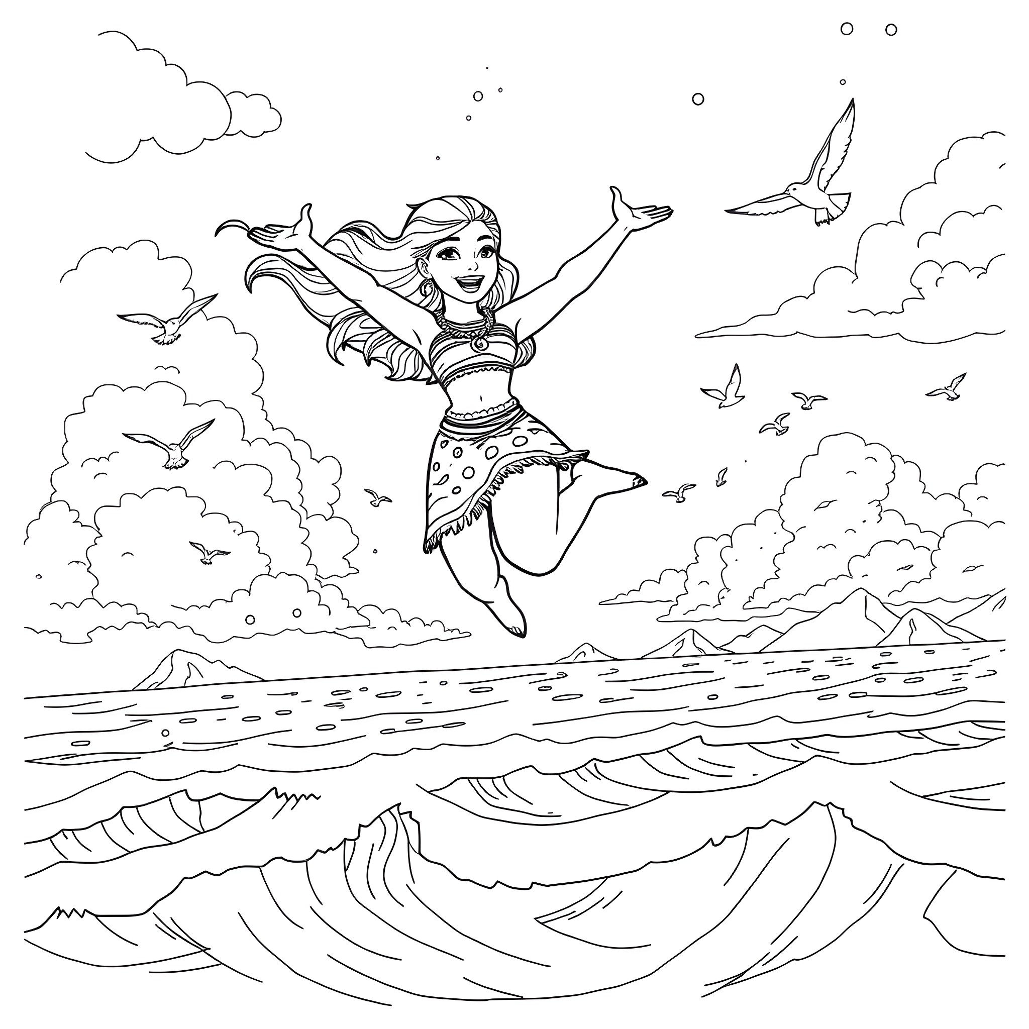 Moana joyfully exploring the ocean with birds Coloring Page (free black-and-white line drawing printable PDF for all, from beginners to advanced learners, including children, teens, adults, and seniors)