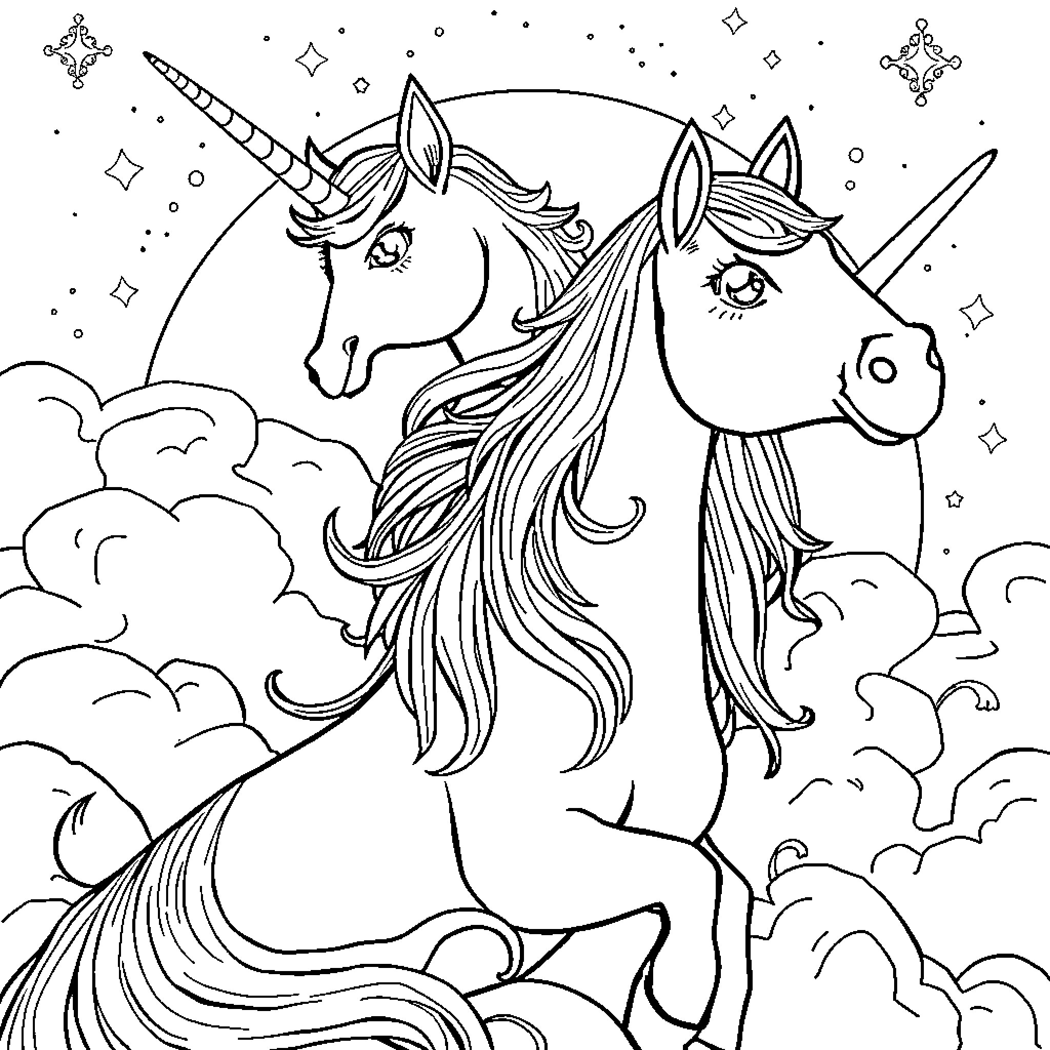 Capybara unicorns in the magical starry night Coloring Page (free black-and-white line drawing printable PDF for all, from beginners to advanced learners, including children, teens, adults, and seniors)