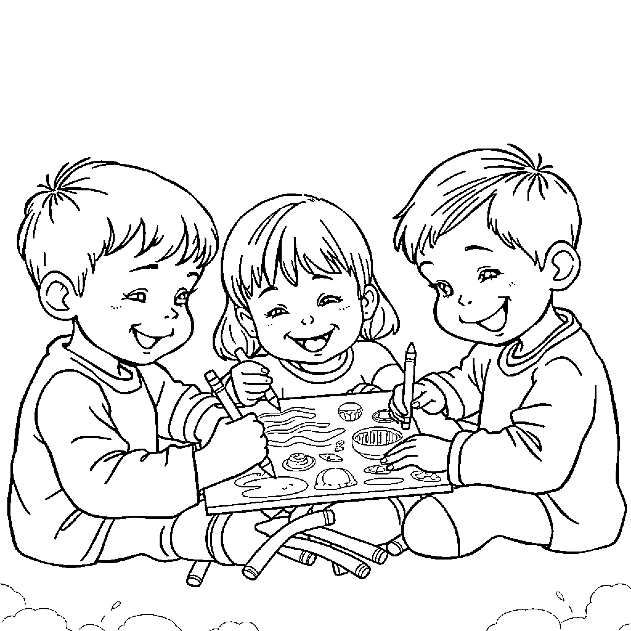Kids enjoying arts and crafts together Coloring Page (free black-and-white line drawing printable PDF for all, from beginners to advanced learners, including children, teens, adults, and seniors)