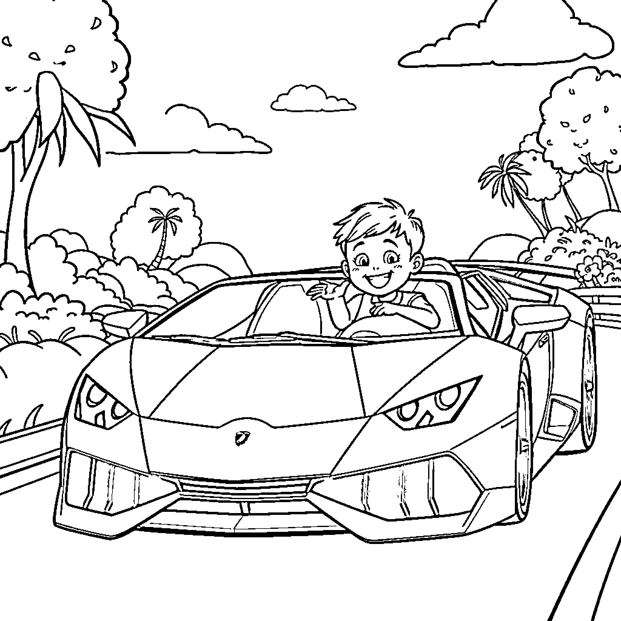 Lamborghini boy driving car on tropical road Coloring Page (free black-and-white line drawing printable PDF for all, from beginners to advanced learners, including children, teens, adults, and seniors)