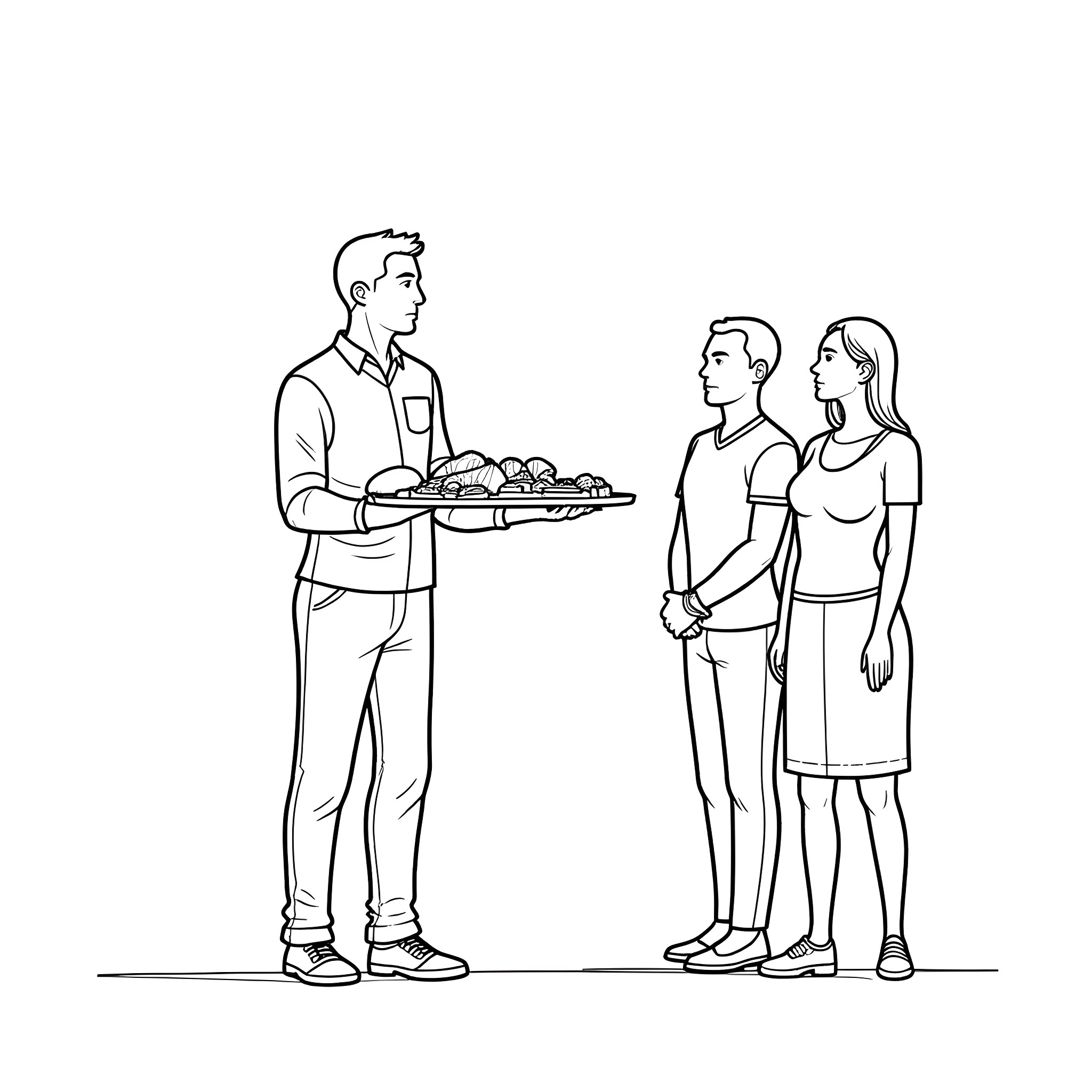 Man serving food to couple Coloring Page (free black-and-white line drawing printable PDF for all, from beginners to advanced learners, including children, teens, adults, and seniors)