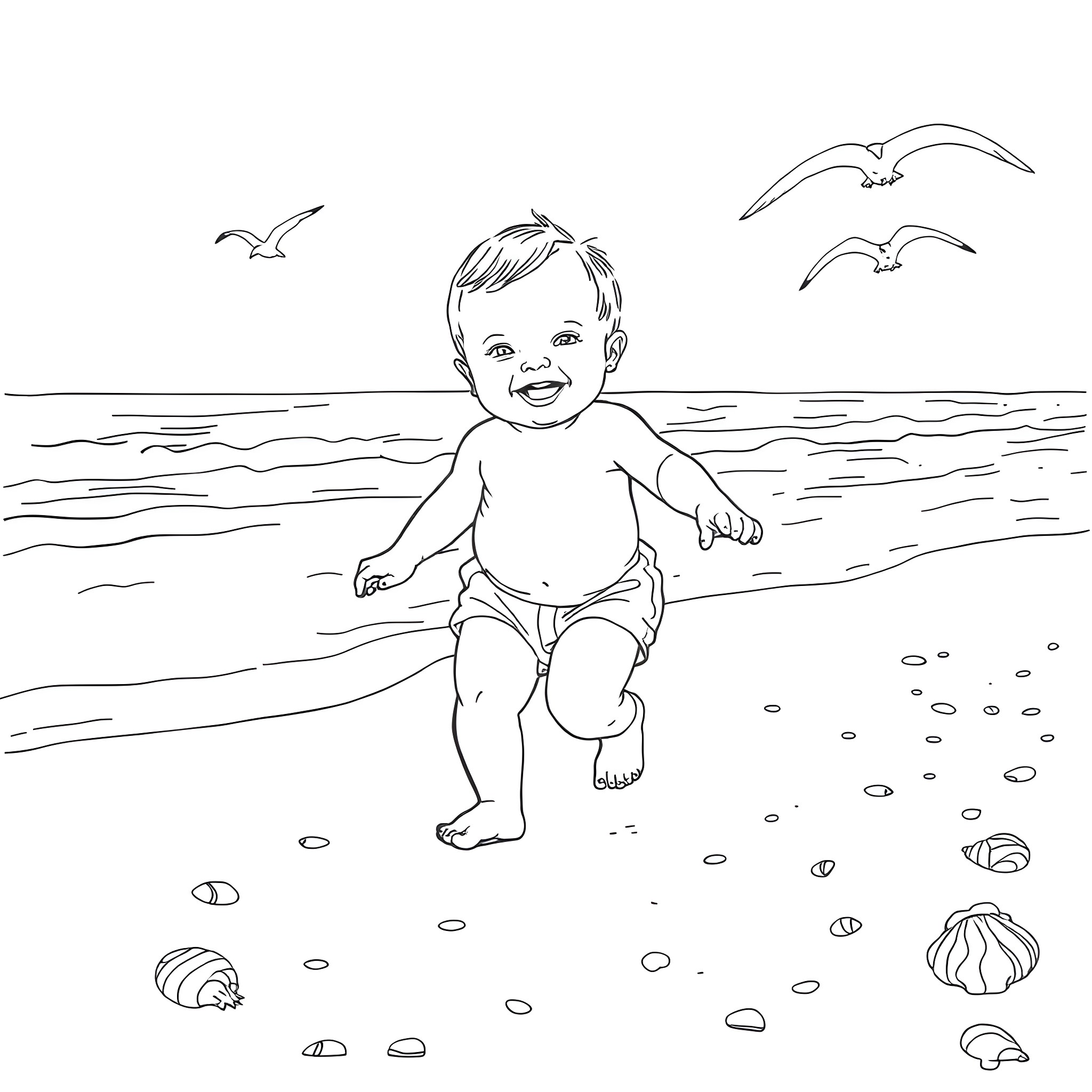 Baby playing happily on the beach Coloring Page (free black-and-white line drawing printable PDF for all, from beginners to advanced learners, including children, teens, adults, and seniors)