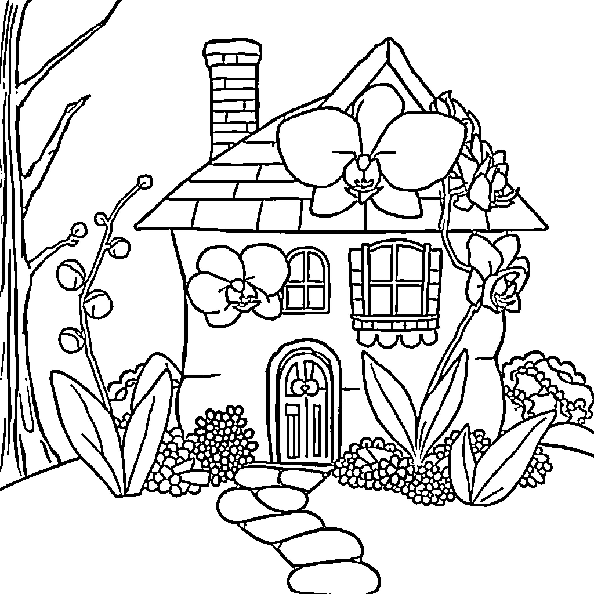 Orchid Cottage Enchantment Coloring Page (free black-and-white line drawing printable PDF for all, from beginners to advanced learners, including children, teens, adults, and seniors)
