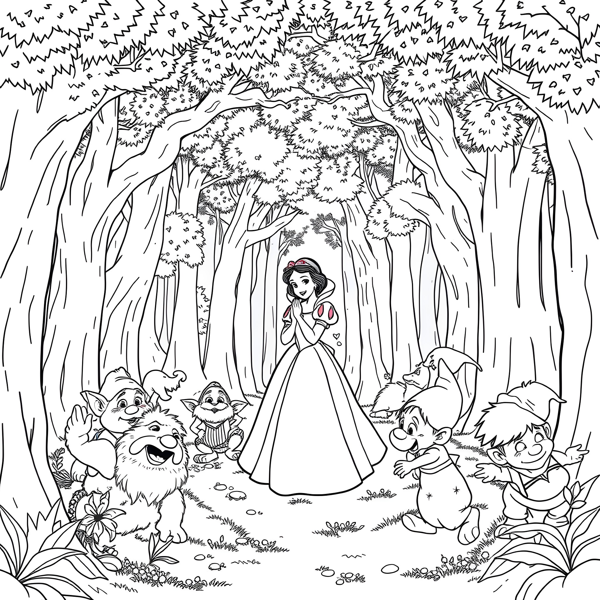 Snow White surrounded by forest animals in a magical forest Coloring Page (free black-and-white line drawing printable PDF for all, from beginners to advanced learners, including children, teens, adults, and seniors)
