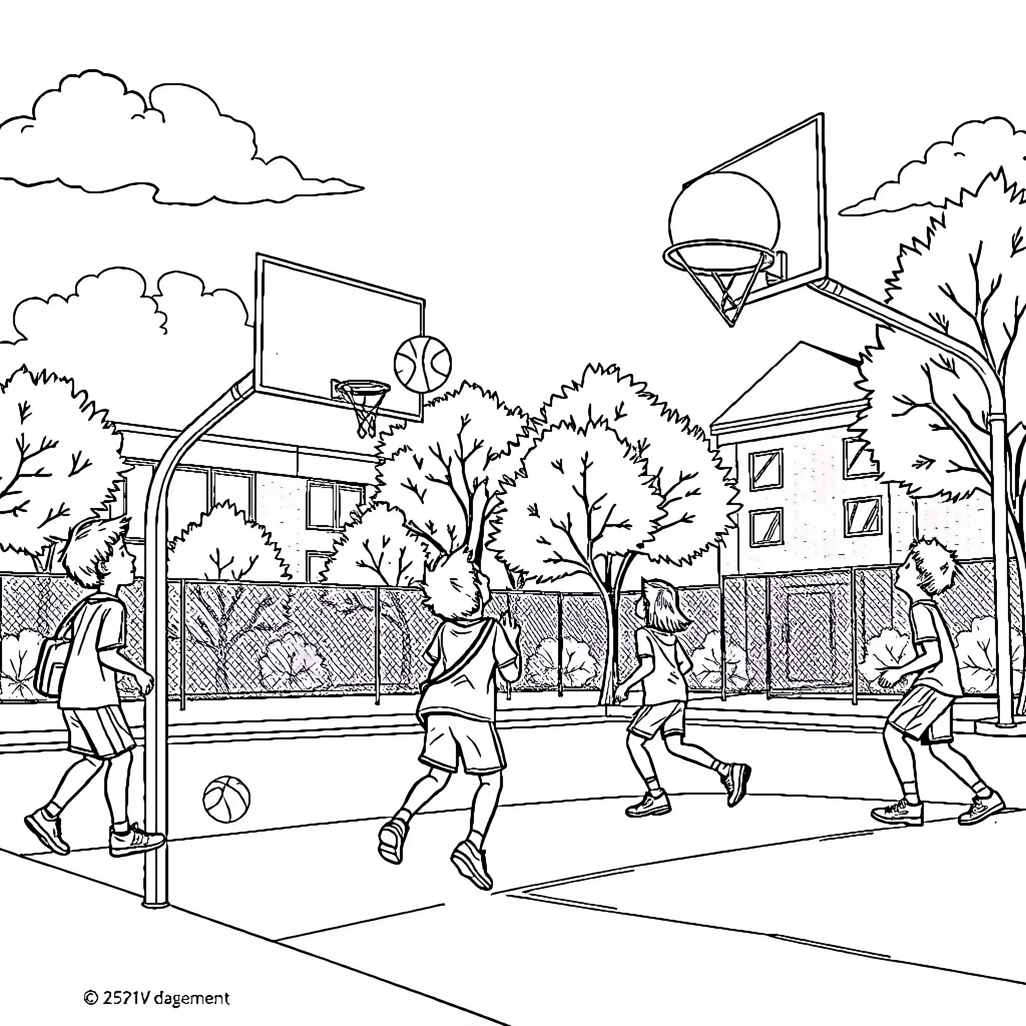 Basketball game with players in outdoor court Coloring Page (free black-and-white line drawing printable PDF for all, from beginners to advanced learners, including children, teens, adults, and seniors)