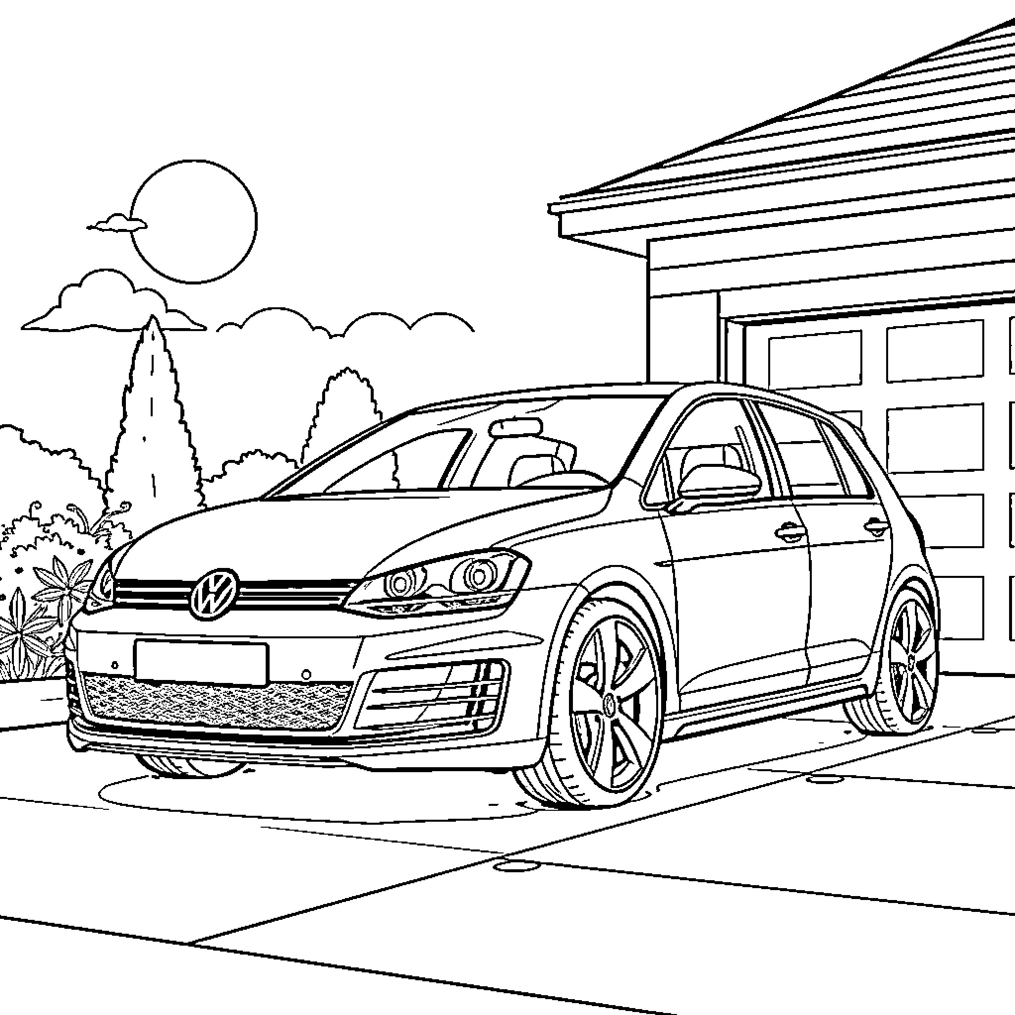 Vw Golf parked in front of modern home Coloring Page (free black-and-white line drawing printable PDF for all, from beginners to advanced learners, including children, teens, adults, and seniors)