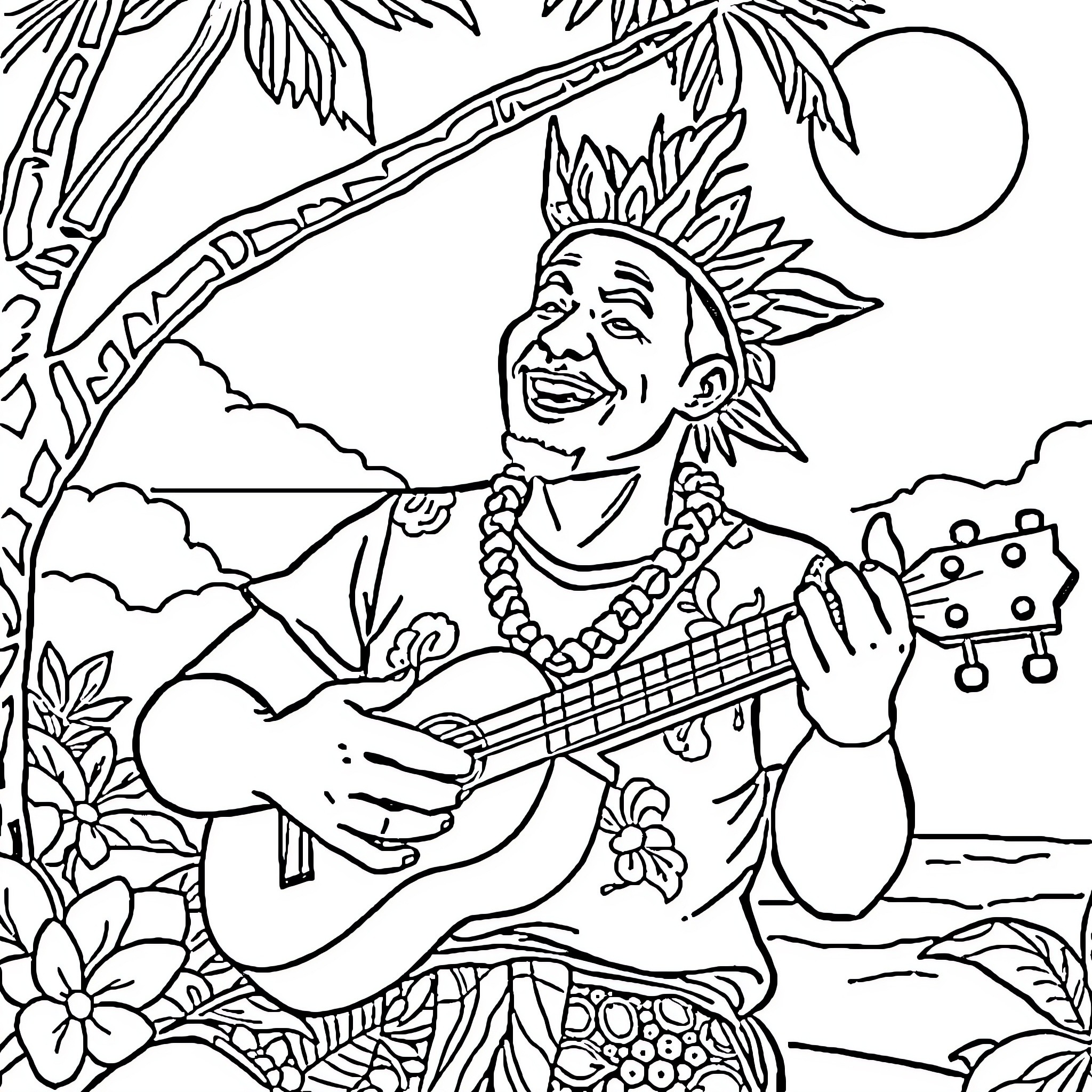 Tahitian man playing guitar under palm trees Coloring Page (free black-and-white line drawing printable PDF for all, from beginners to advanced learners, including children, teens, adults, and seniors)