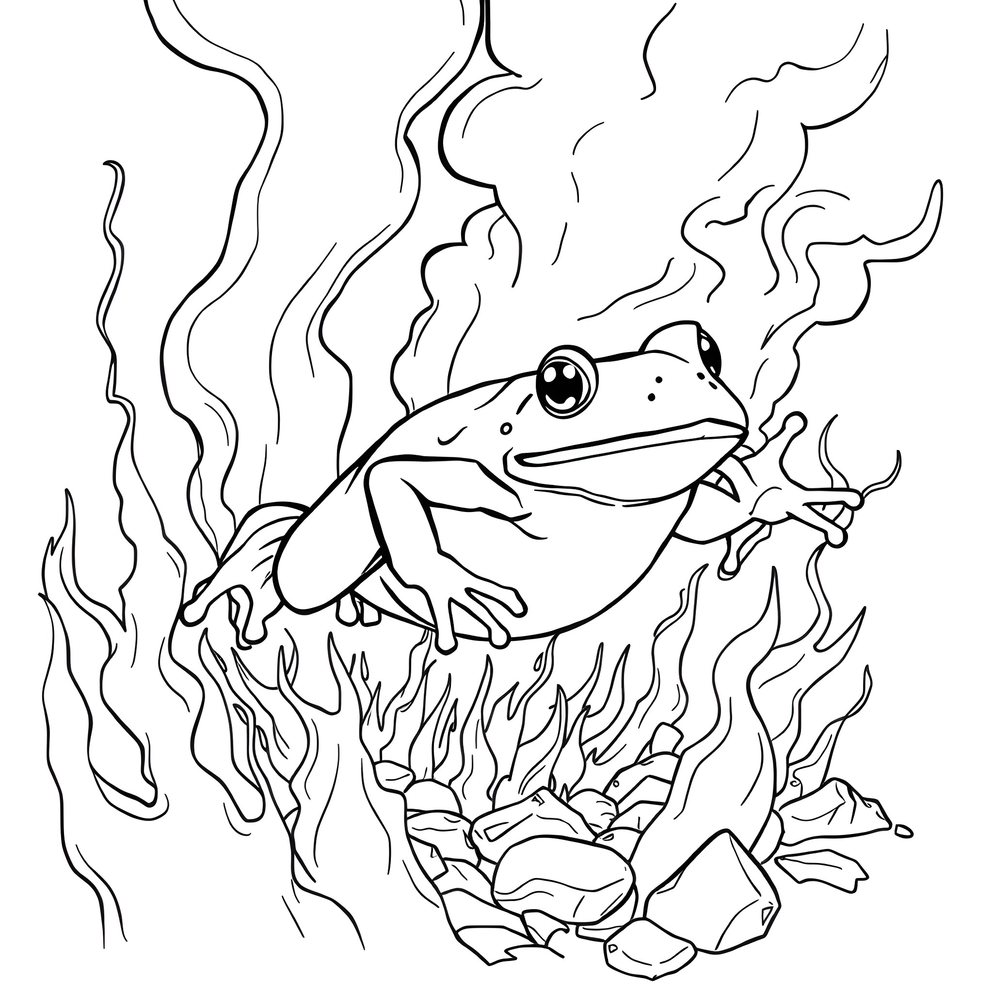 Frog taking a smoke break in the wild Coloring Page (free black-and-white line drawing printable PDF for all, from beginners to advanced learners, including children, teens, adults, and seniors)