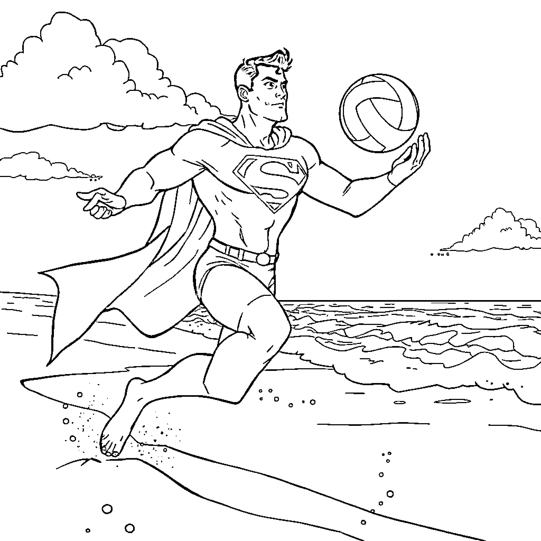 Superman playing volleyball on the beach Coloring Page (free black-and-white line drawing printable PDF for all, from beginners to advanced learners, including children, teens, adults, and seniors)