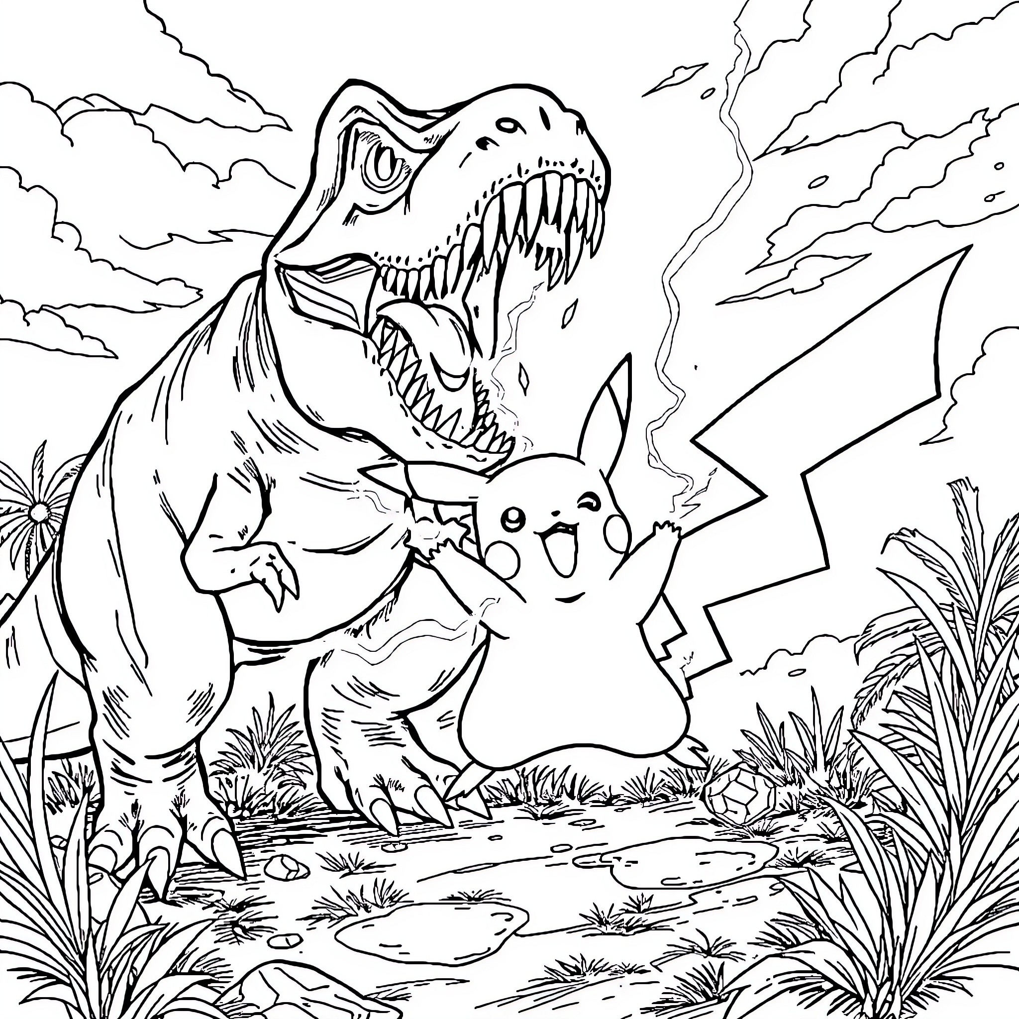 Pikachu's Prehistoric Adventure Coloring Page (free black-and-white line drawing printable PDF for all, from beginners to advanced learners, including children, teens, adults, and seniors)