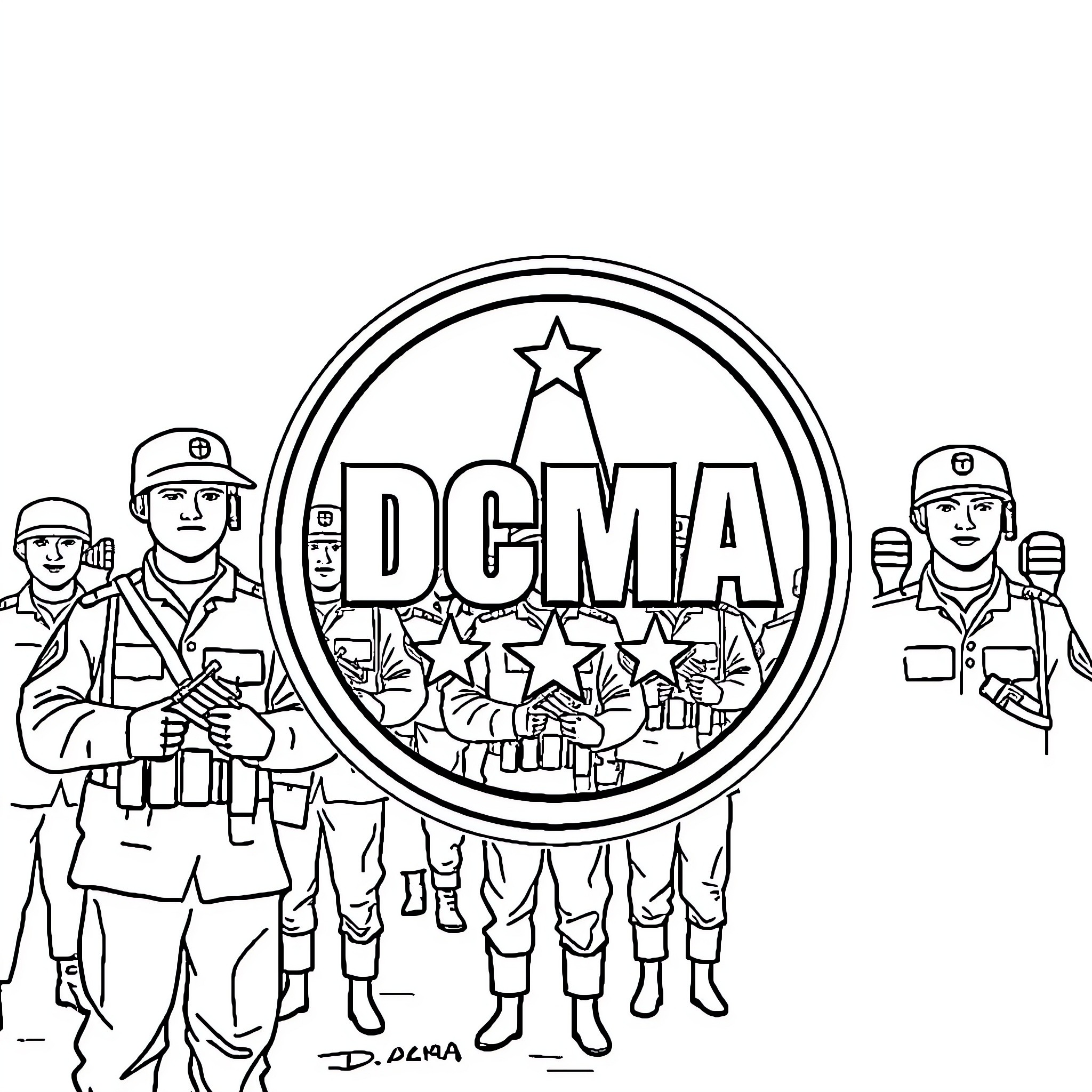 DCMA Soldiers Preparing for Action Coloring Page (free black-and-white line drawing printable PDF for all, from beginners to advanced learners, including children, teens, adults, and seniors)