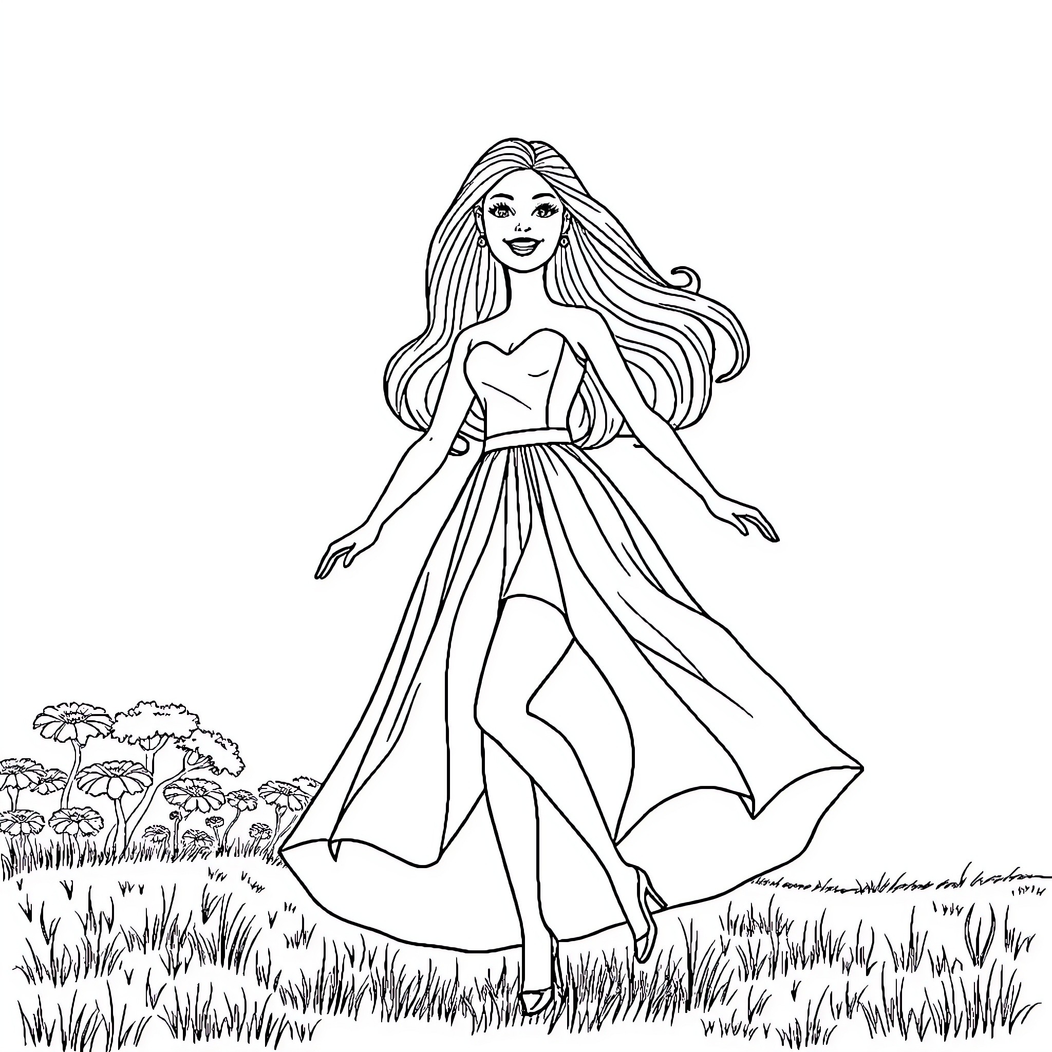 Barbie Dancing in Flowing Gown amid Flowers Coloring Page (free black-and-white line drawing printable PDF for all, from beginners to advanced learners, including children, teens, adults, and seniors)