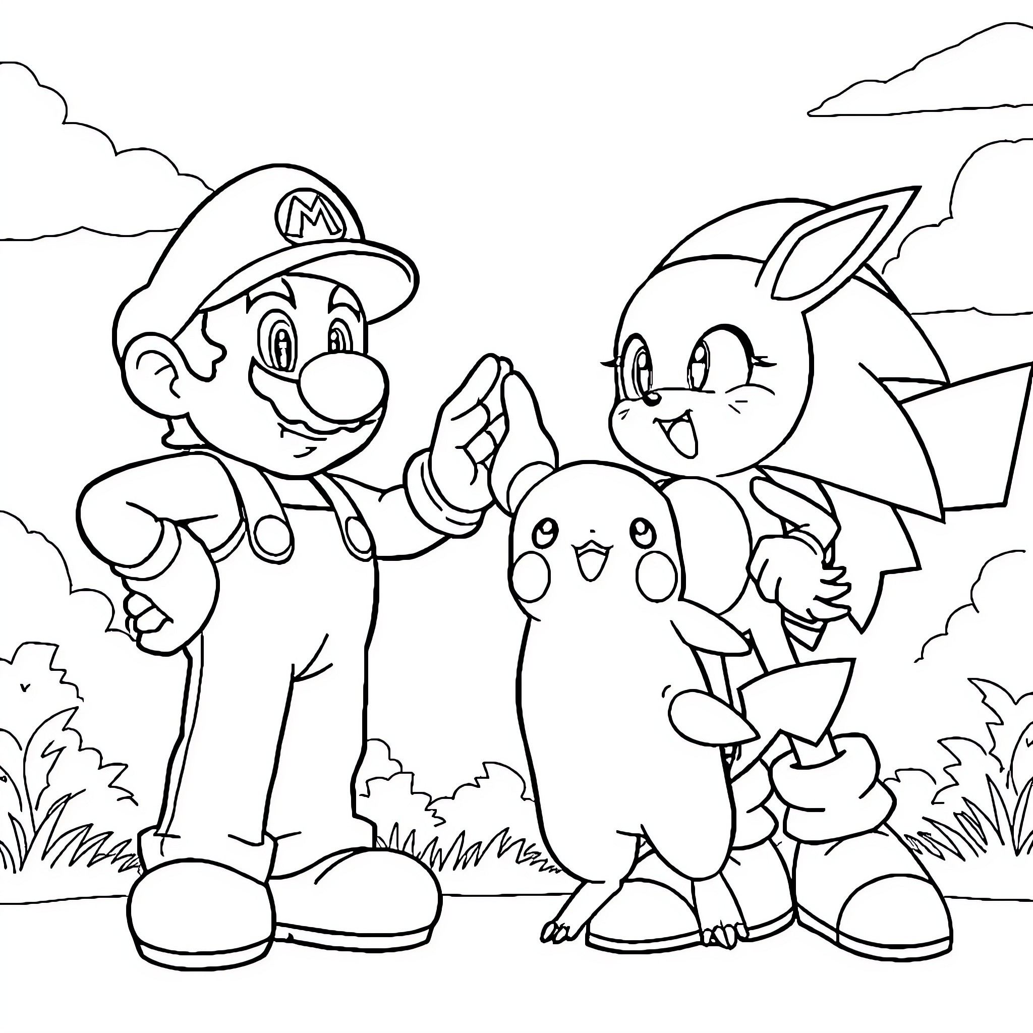 Mario and Friends Enjoying an Outdoor Adventure Coloring Page (free black-and-white line drawing printable PDF for all, from beginners to advanced learners, including children, teens, adults, and seniors)