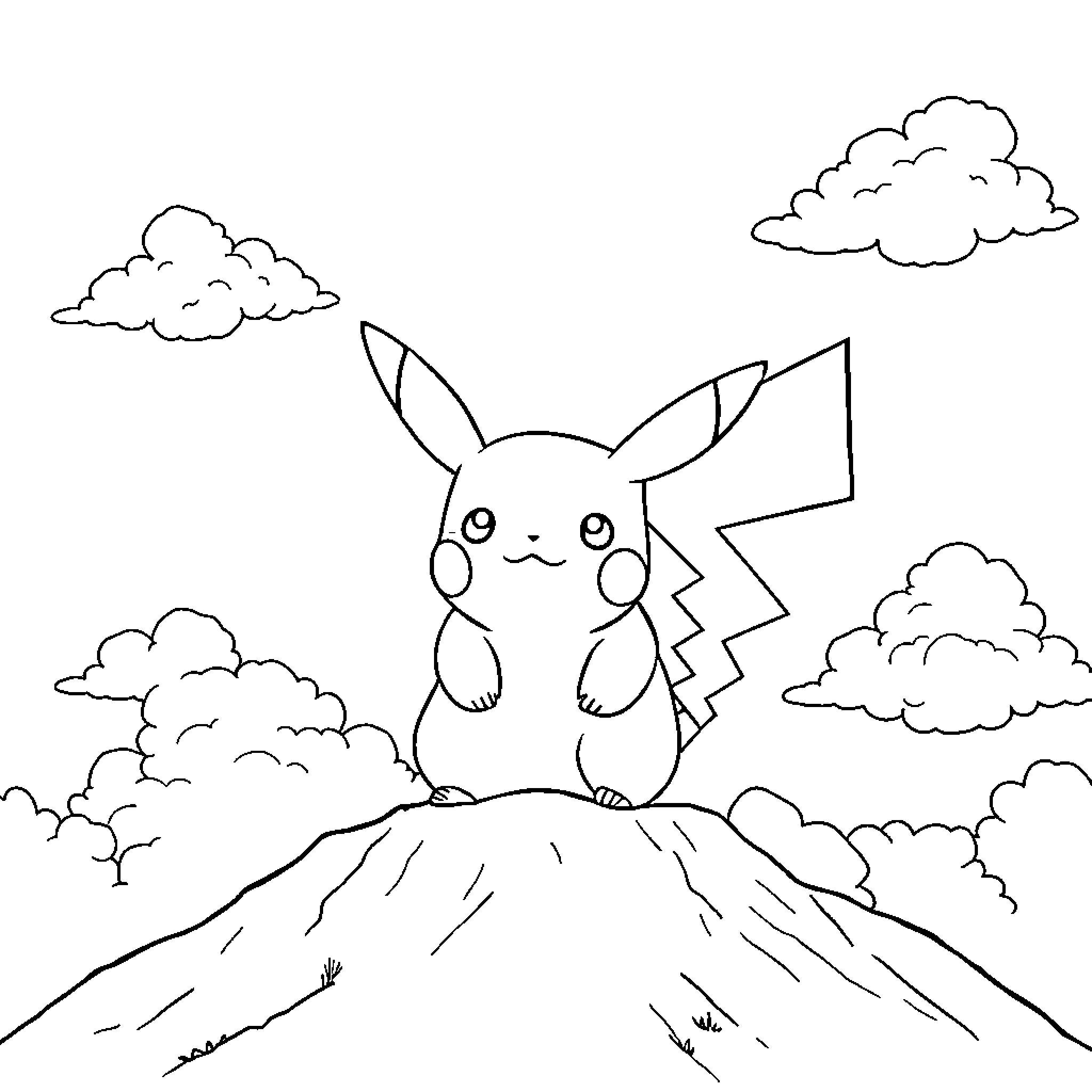 Pikachu sitting atop a hill with clouds Coloring Page (free black-and-white line drawing printable PDF for all, from beginners to advanced learners, including children, teens, adults, and seniors)