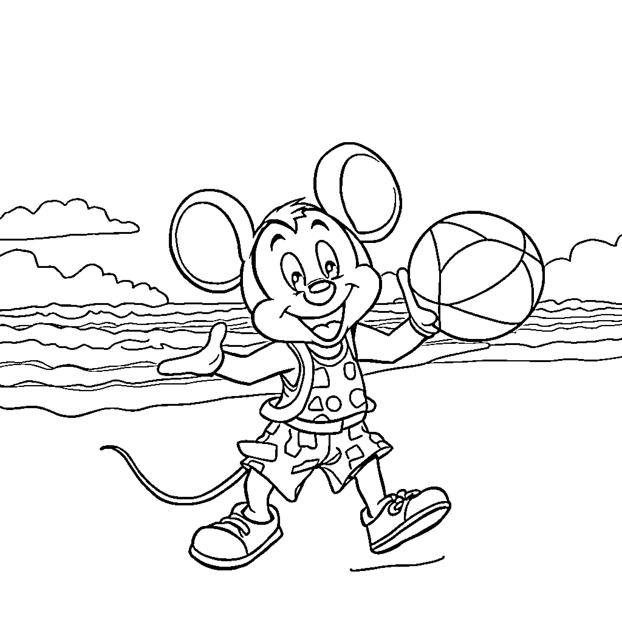 Mouse playing happily with beach ball on the beach Coloring Page (free black-and-white line drawing printable PDF for all, from beginners to advanced learners, including children, teens, adults, and seniors)