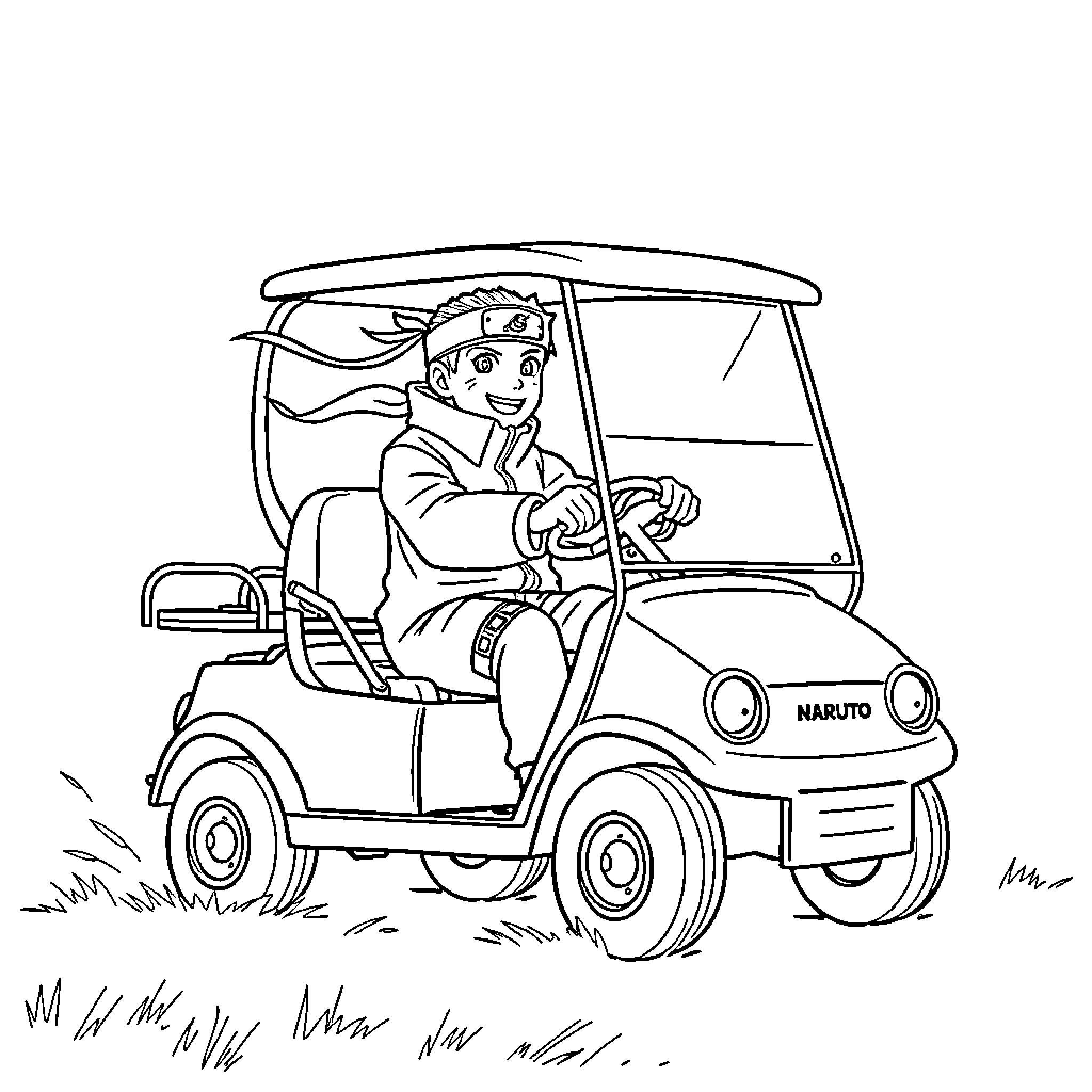 Naruto driving a golf cart on the green Coloring Page (free black-and-white line drawing printable PDF for all, from beginners to advanced learners, including children, teens, adults, and seniors)