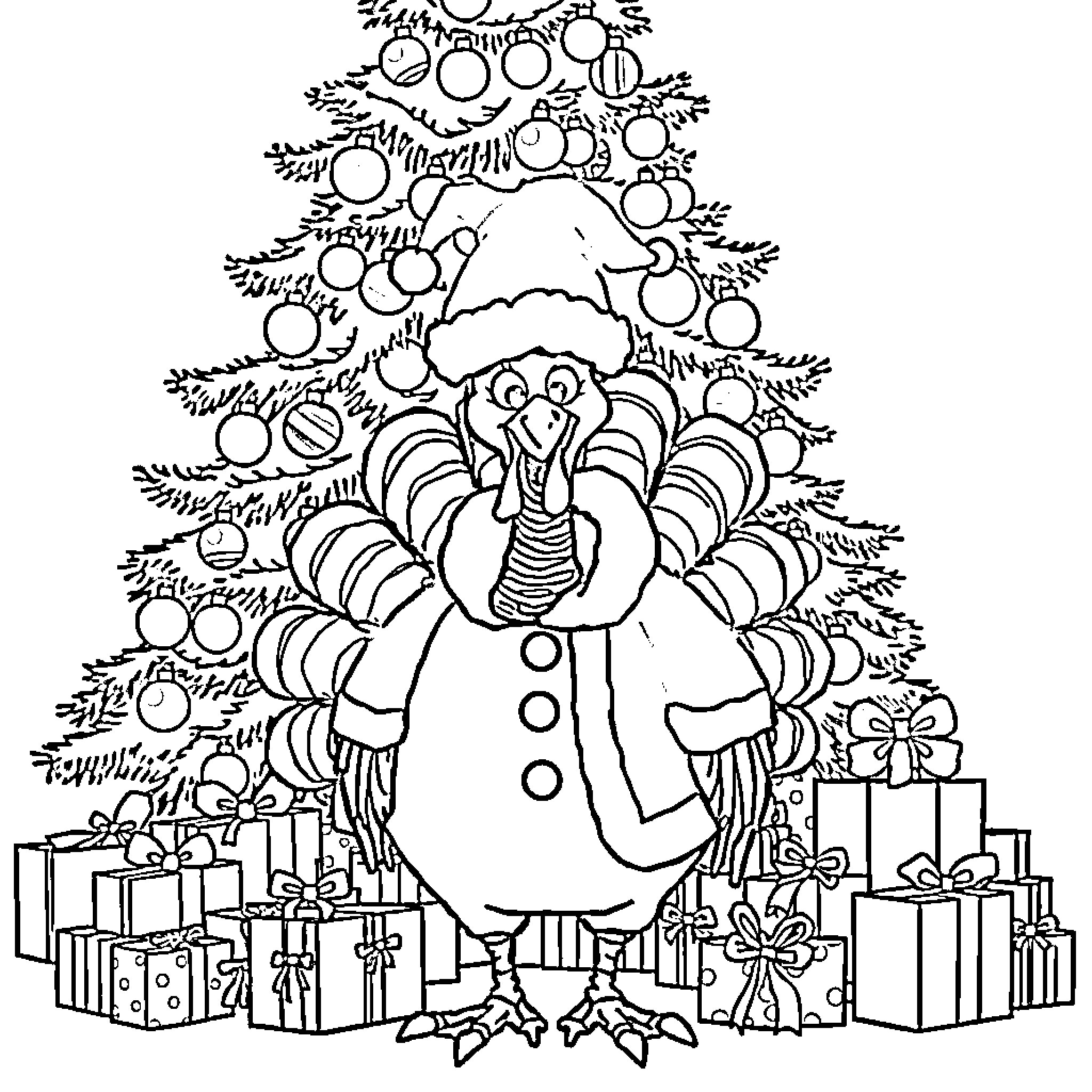 Turkey with festive decorations and presents Coloring Page (free black-and-white line drawing printable PDF for all, from beginners to advanced learners, including children, teens, adults, and seniors)