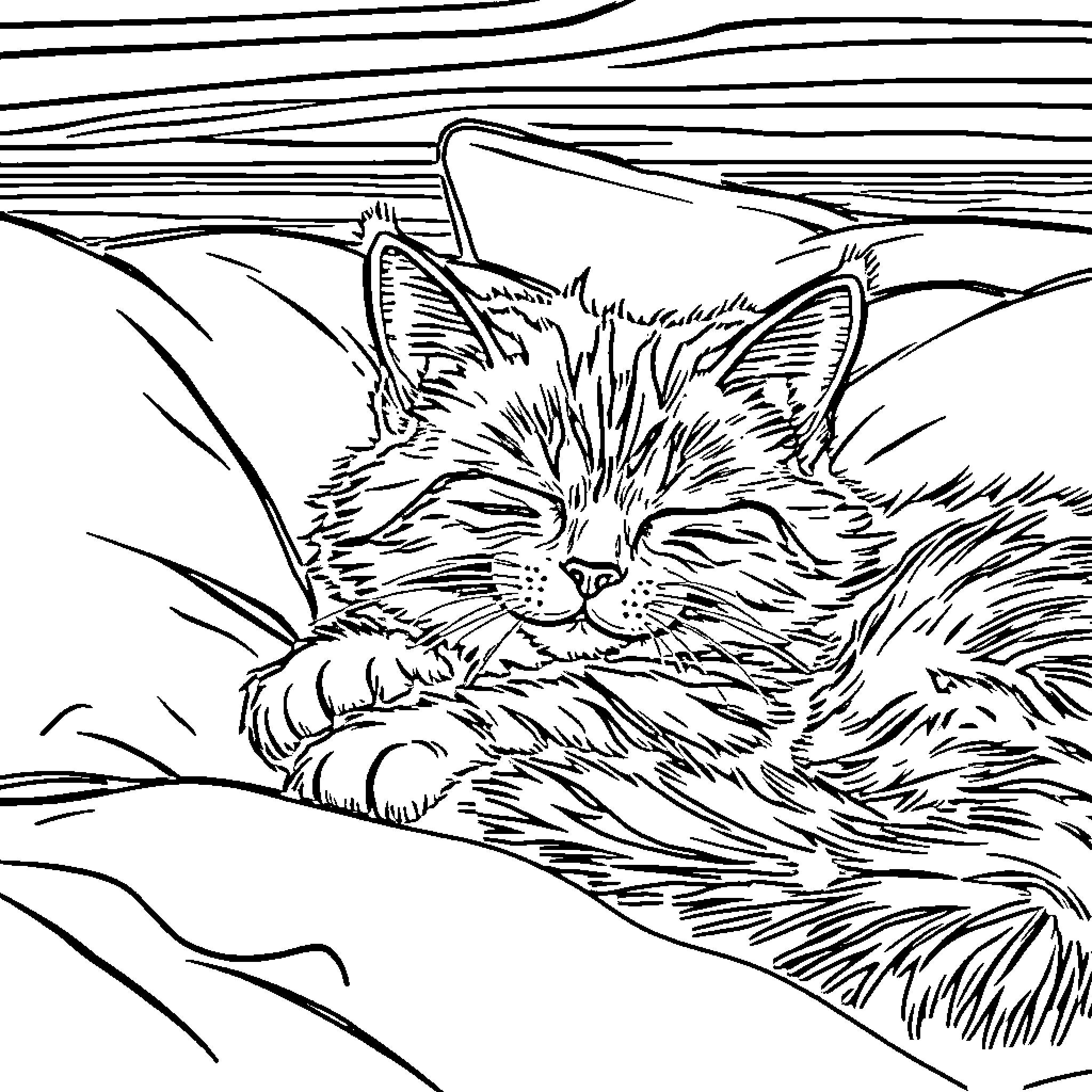 Tabby Cat Relaxing in the Grass Coloring Page (free black-and-white line drawing printable PDF for all, from beginners to advanced learners, including children, teens, adults, and seniors)