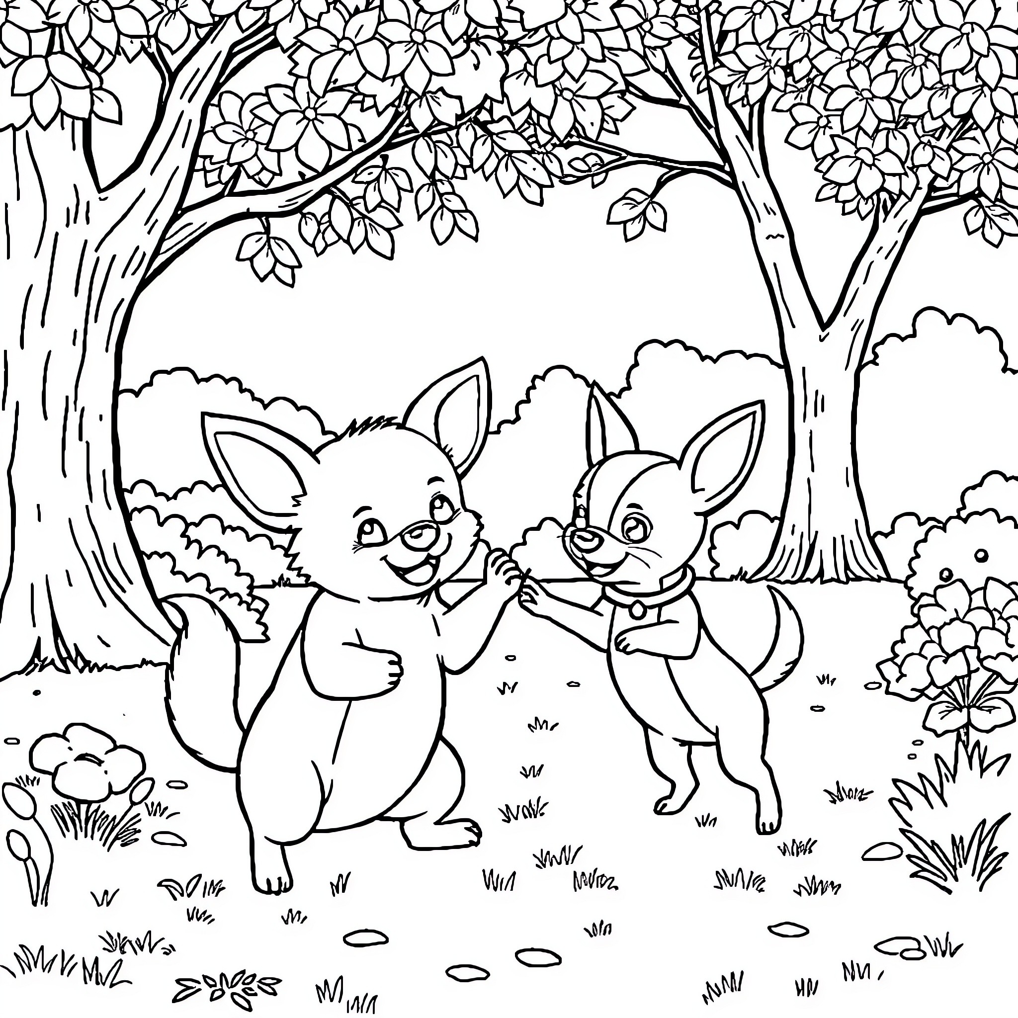Bear Chihuahuas Playing in Leafy Forest Coloring Page (free black-and-white line drawing printable PDF for all, from beginners to advanced learners, including children, teens, adults, and seniors)