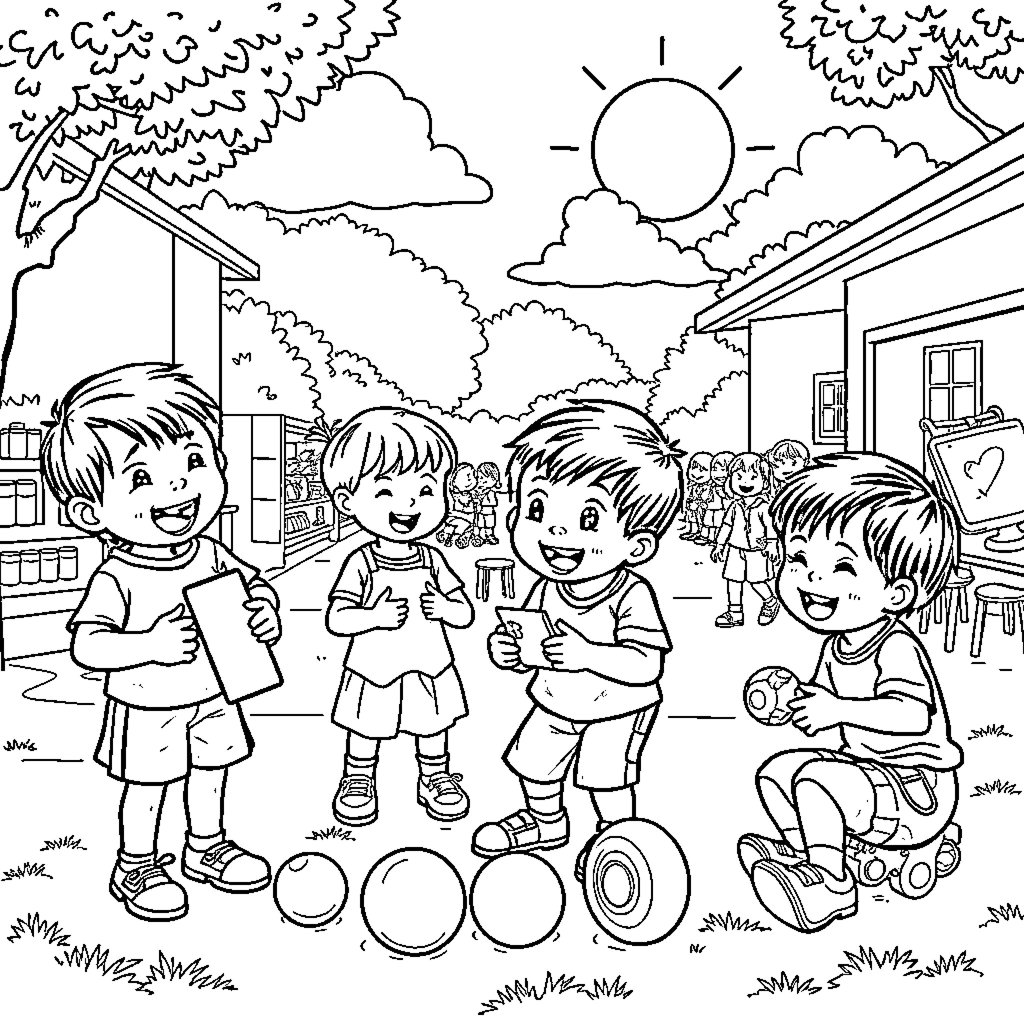 Children playing joyfully at the playground Coloring Page (free black-and-white line drawing printable PDF for all, from beginners to advanced learners, including children, teens, adults, and seniors)