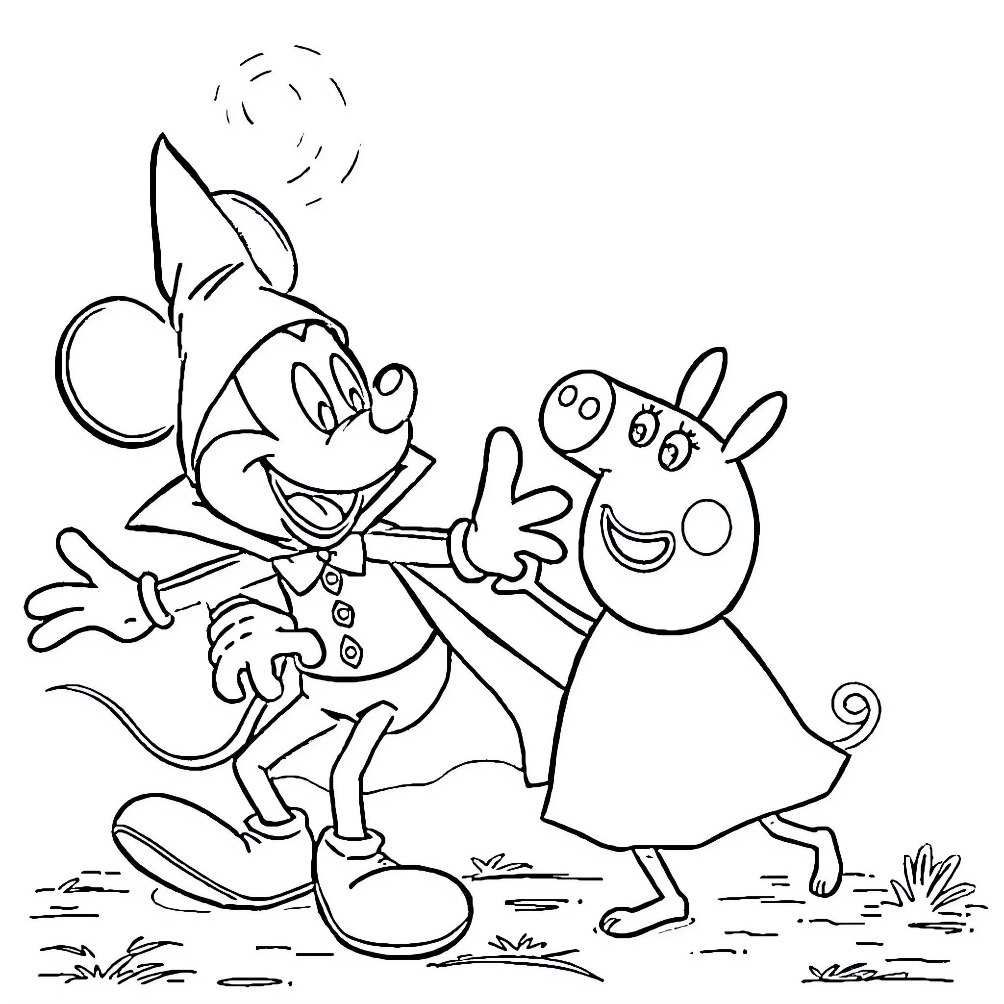 Mickey and Peppa Pig playing together Coloring Page (free black-and-white line drawing printable PDF for all, from beginners to advanced learners, including children, teens, adults, and seniors)