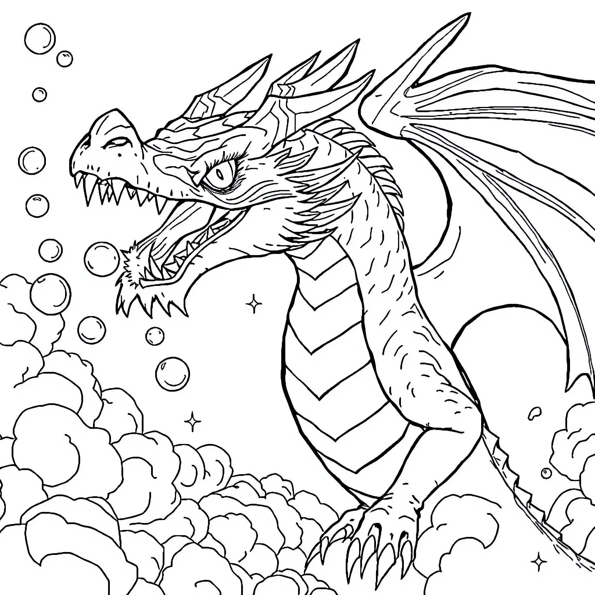 Dragon emerging from mist with fierce expression Coloring Page (free black-and-white line drawing printable PDF for all, from beginners to advanced learners, including children, teens, adults, and seniors)