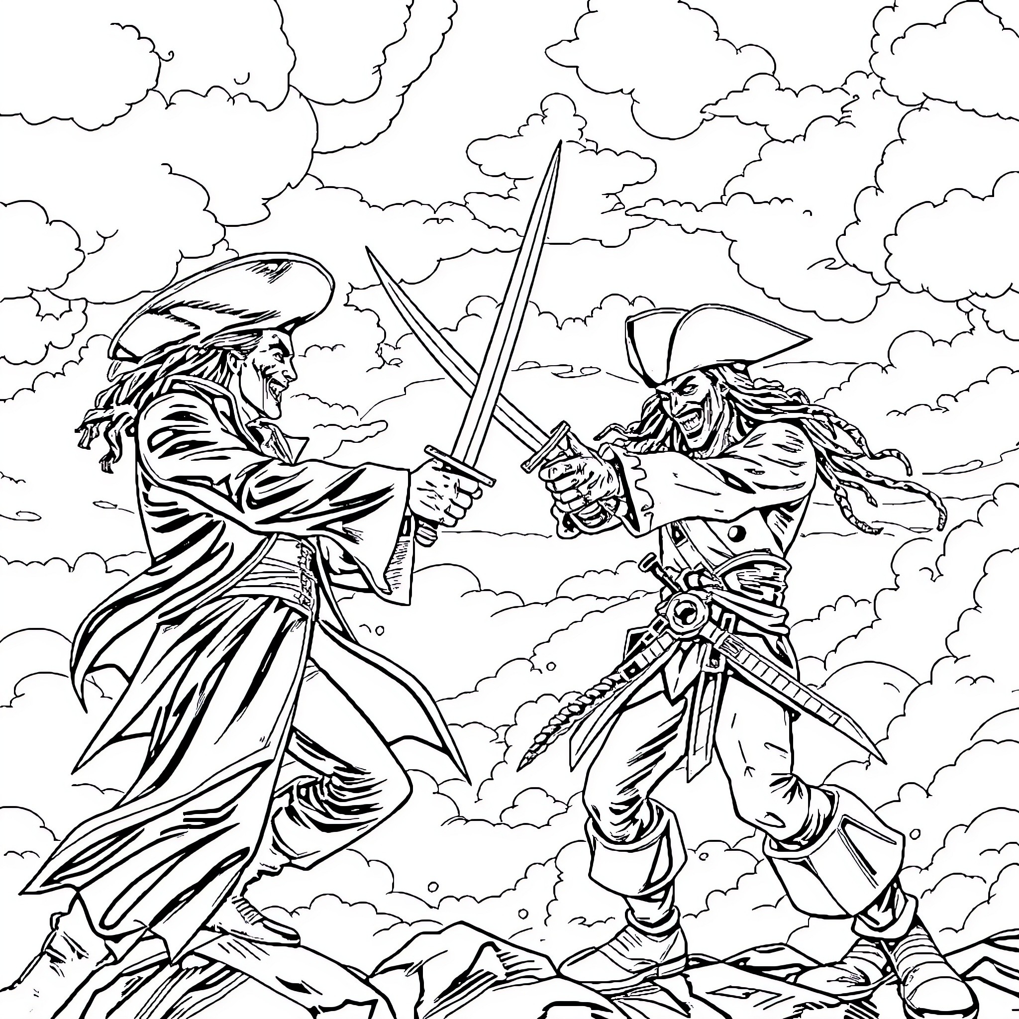Joker Dueling Heroic Figures in Dramatic Clash Coloring Page (free black-and-white line drawing printable PDF for all, from beginners to advanced learners, including children, teens, adults, and seniors)