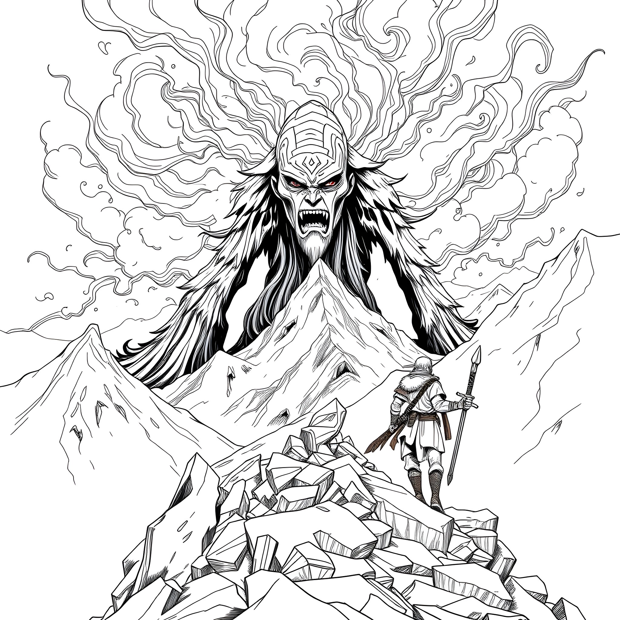 Warrior facing the Mighty Mountain Spirit Coloring Page (free black-and-white line drawing printable PDF for all, from beginners to advanced learners, including children, teens, adults, and seniors)