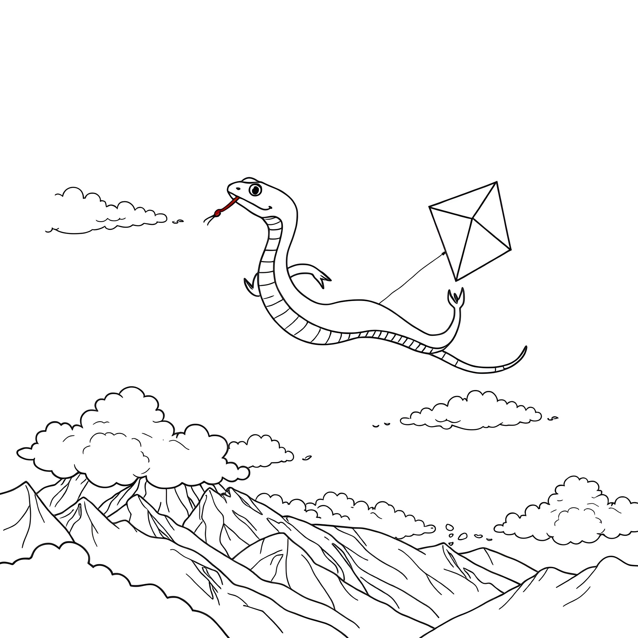 Snake flying a kite over mountainous landscape Coloring Page (free black-and-white line drawing printable PDF for all, from beginners to advanced learners, including children, teens, adults, and seniors)