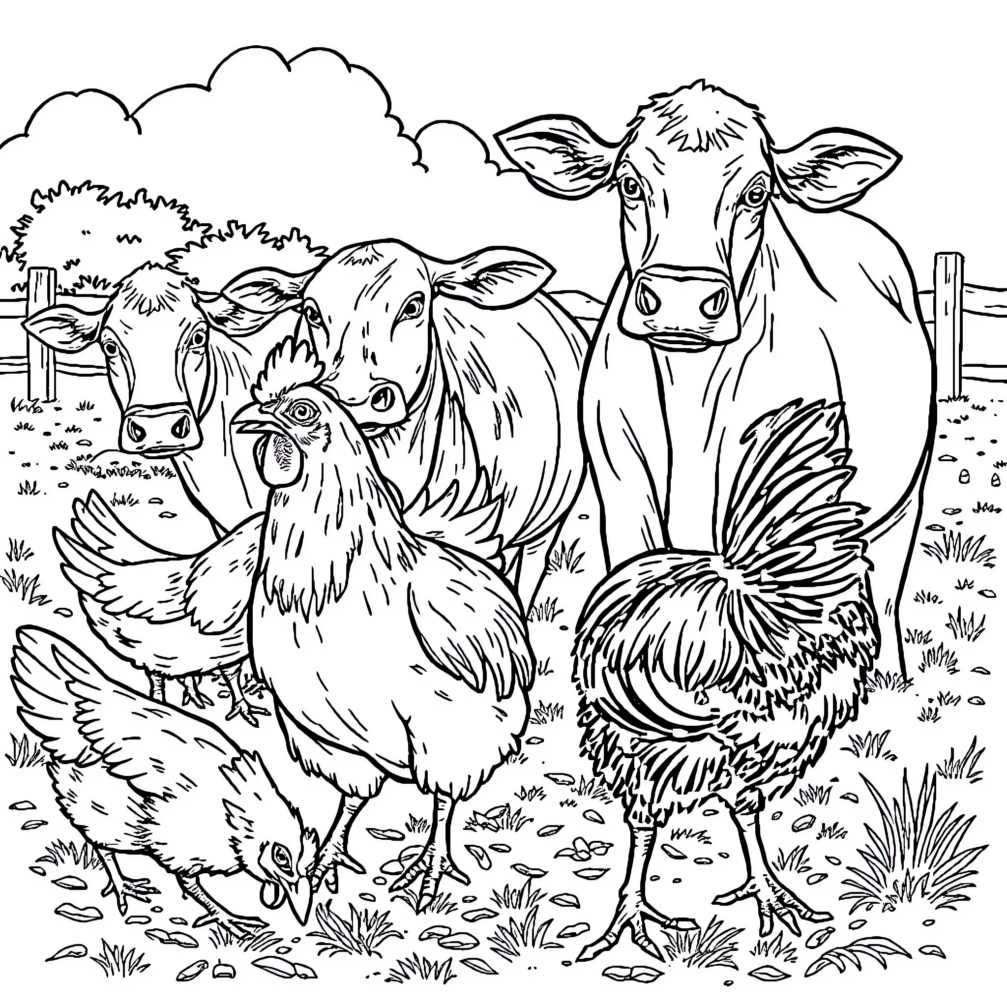 Chicken farm animals in the countryside Coloring Page (free black-and-white line drawing printable PDF for all, from beginners to advanced learners, including children, teens, adults, and seniors)
