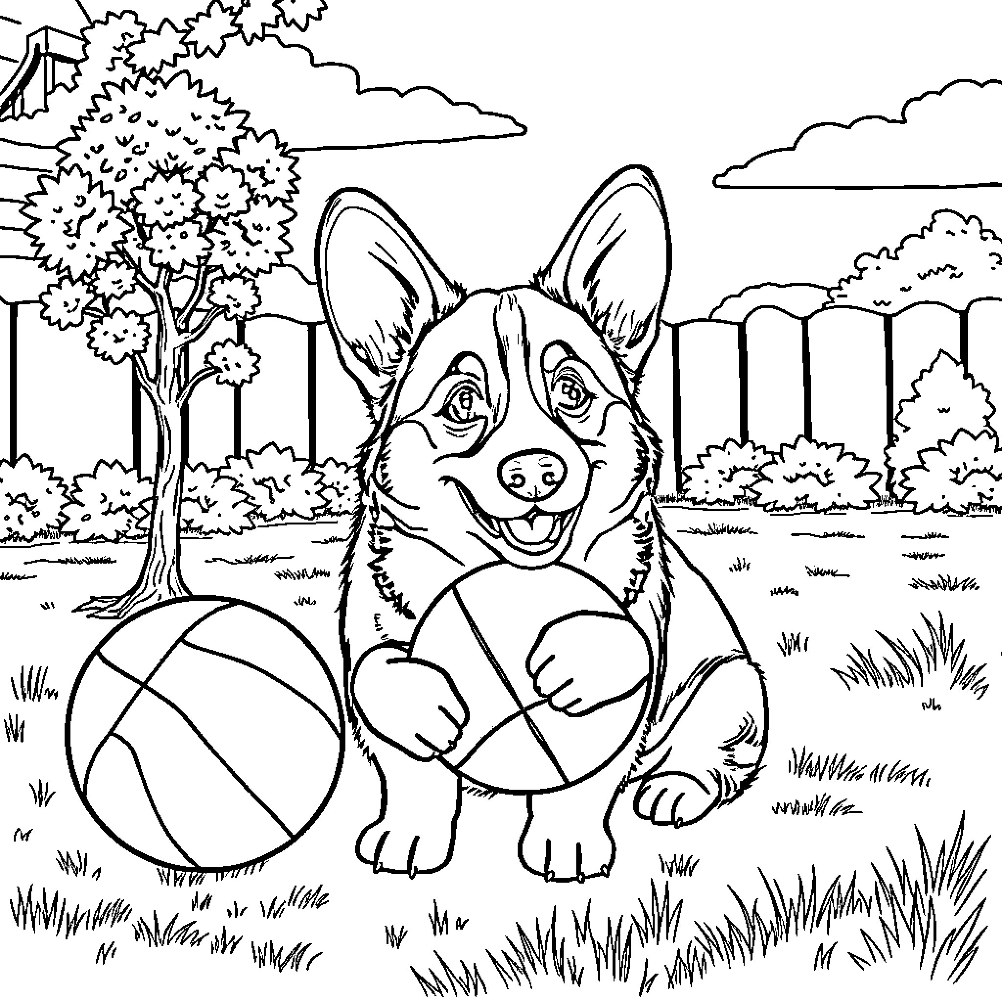 Corgi playing happily with ball in the park Coloring Page (free black-and-white line drawing printable PDF for all, from beginners to advanced learners, including children, teens, adults, and seniors)