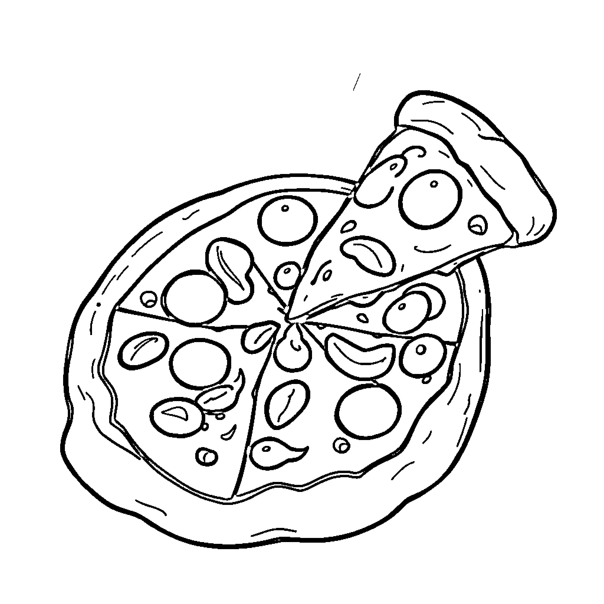 Pizza with Unusual Toppings Coloring Page (free black-and-white line drawing printable PDF for all, from beginners to advanced learners, including children, teens, adults, and seniors)