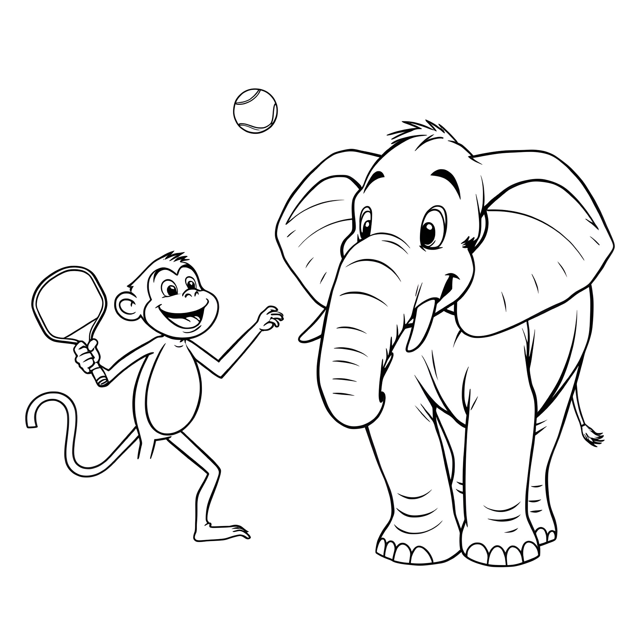 Monkey and Elephant Playing with Ball Coloring Page (free black-and-white line drawing printable PDF for all, from beginners to advanced learners, including children, teens, adults, and seniors)