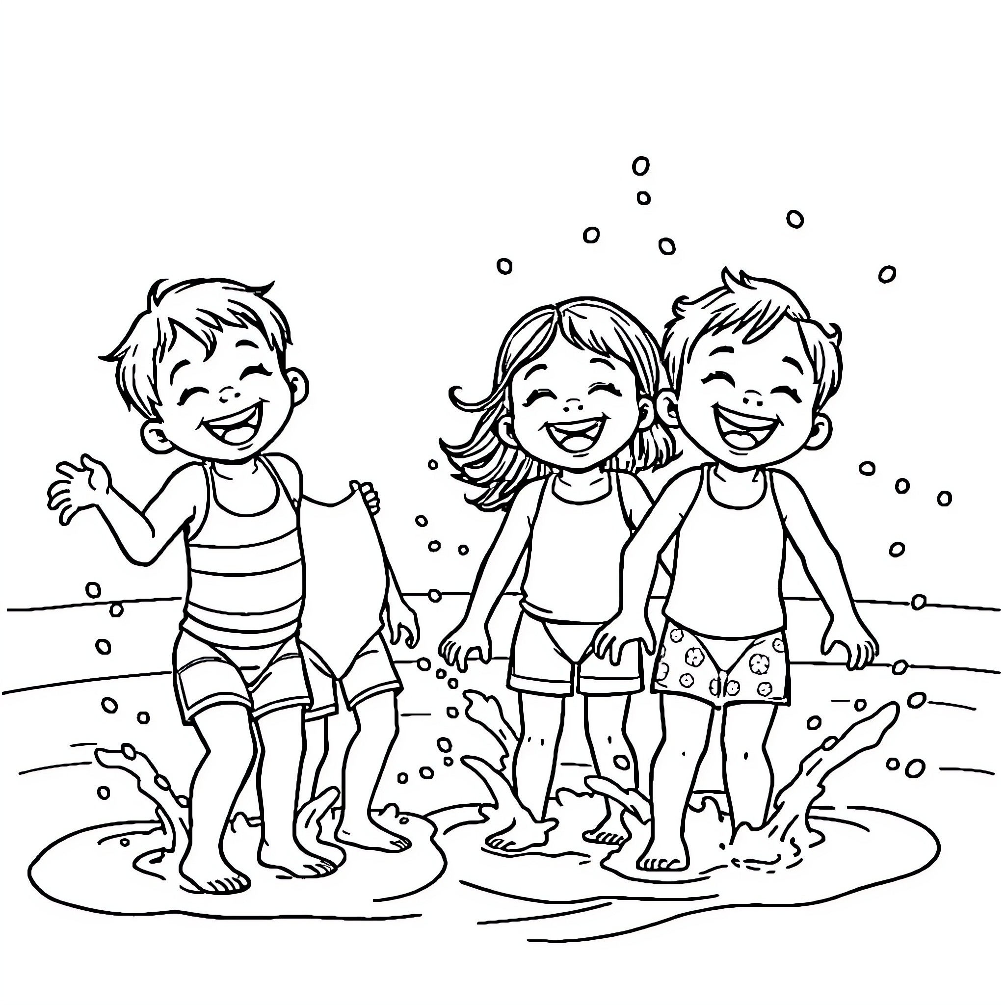 Children splashing happily in the water Coloring Page (free black-and-white line drawing printable PDF for all, from beginners to advanced learners, including children, teens, adults, and seniors)