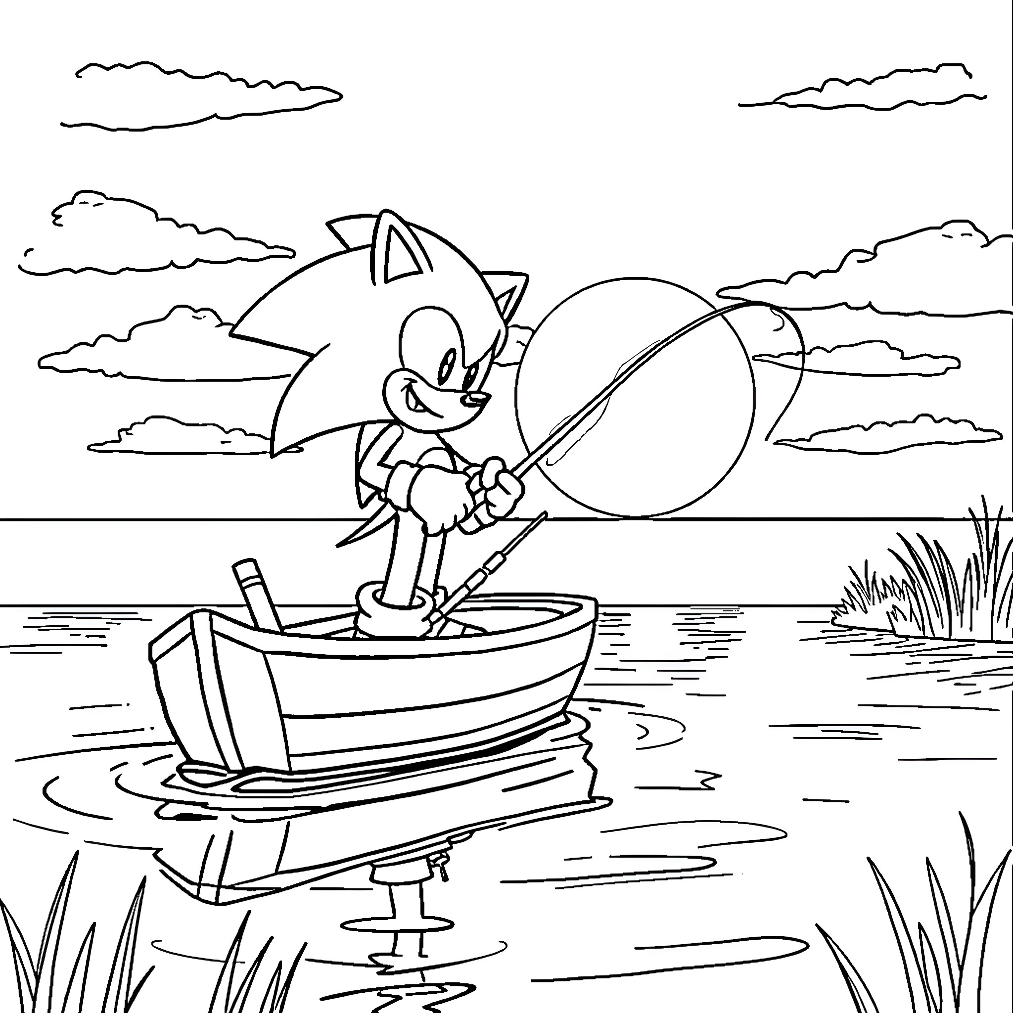 Sonic Enjoying a Serene Boat Ride on the Lake Coloring Page (free black-and-white line drawing printable PDF for all, from beginners to advanced learners, including children, teens, adults, and seniors)