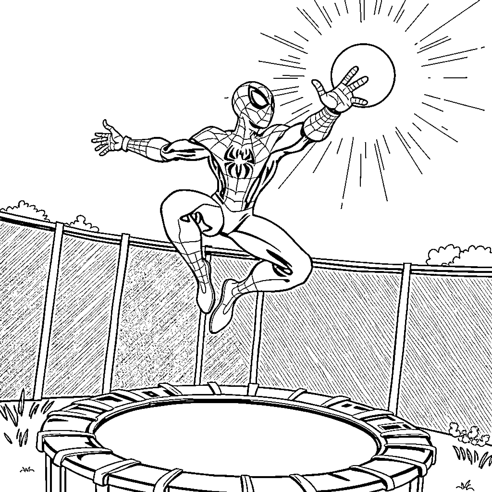 Spiderman leaping heroically on a trampoline Coloring Page (free black-and-white line drawing printable PDF for all, from beginners to advanced learners, including children, teens, adults, and seniors)
