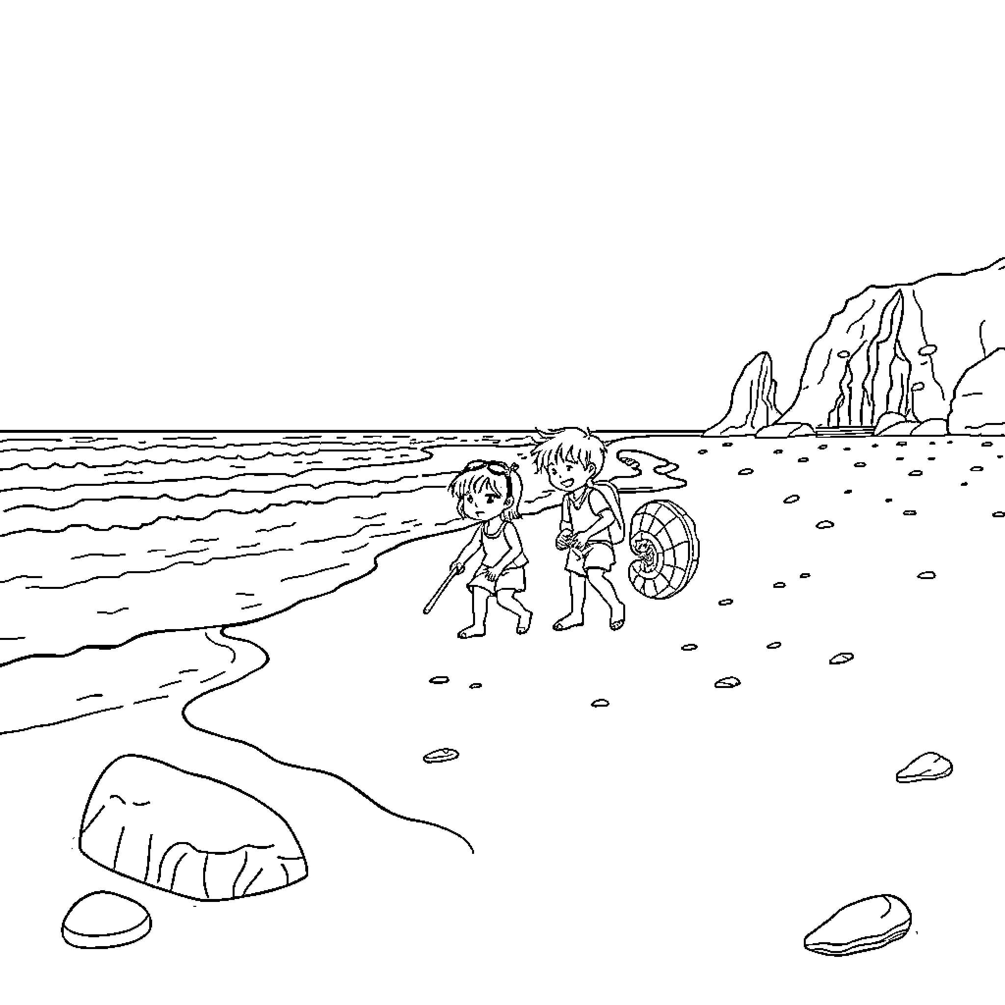 Family Exploring Seashore Adventure Coloring Page (free black-and-white line drawing printable PDF for all, from beginners to advanced learners, including children, teens, adults, and seniors)