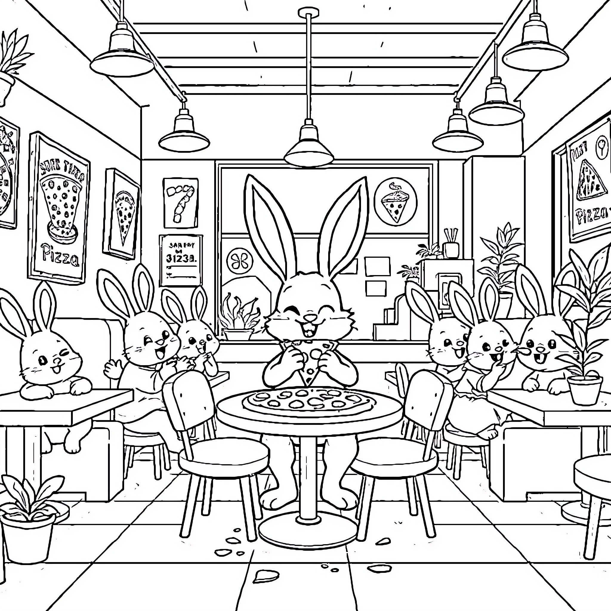 Bunny Friends Enjoying a Cozy Cafe Coloring Page (free black-and-white line drawing printable PDF for all, from beginners to advanced learners, including children, teens, adults, and seniors)