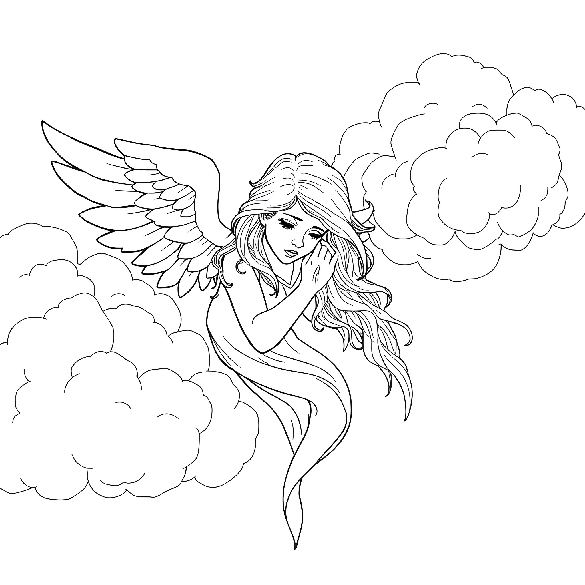 Angel Floating Among Clouds Coloring Page (free black-and-white line drawing printable PDF for all, from beginners to advanced learners, including children, teens, adults, and seniors)