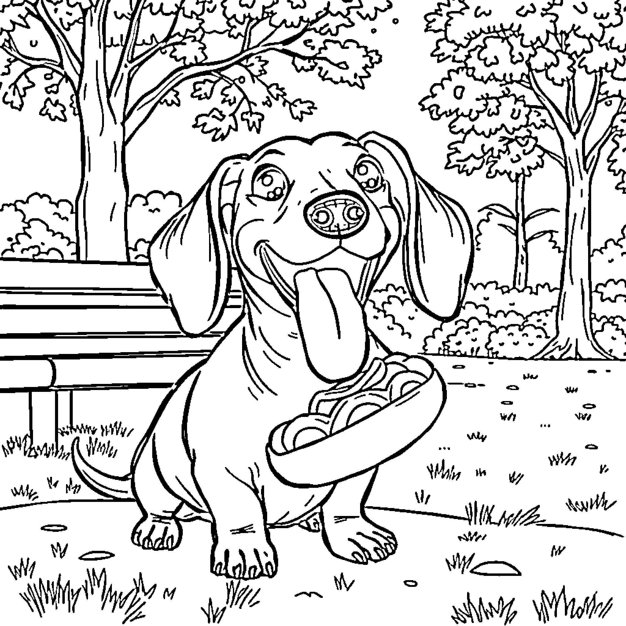 Dachshund enjoying a day in the park Coloring Page (free black-and-white line drawing printable PDF for all, from beginners to advanced learners, including children, teens, adults, and seniors)
