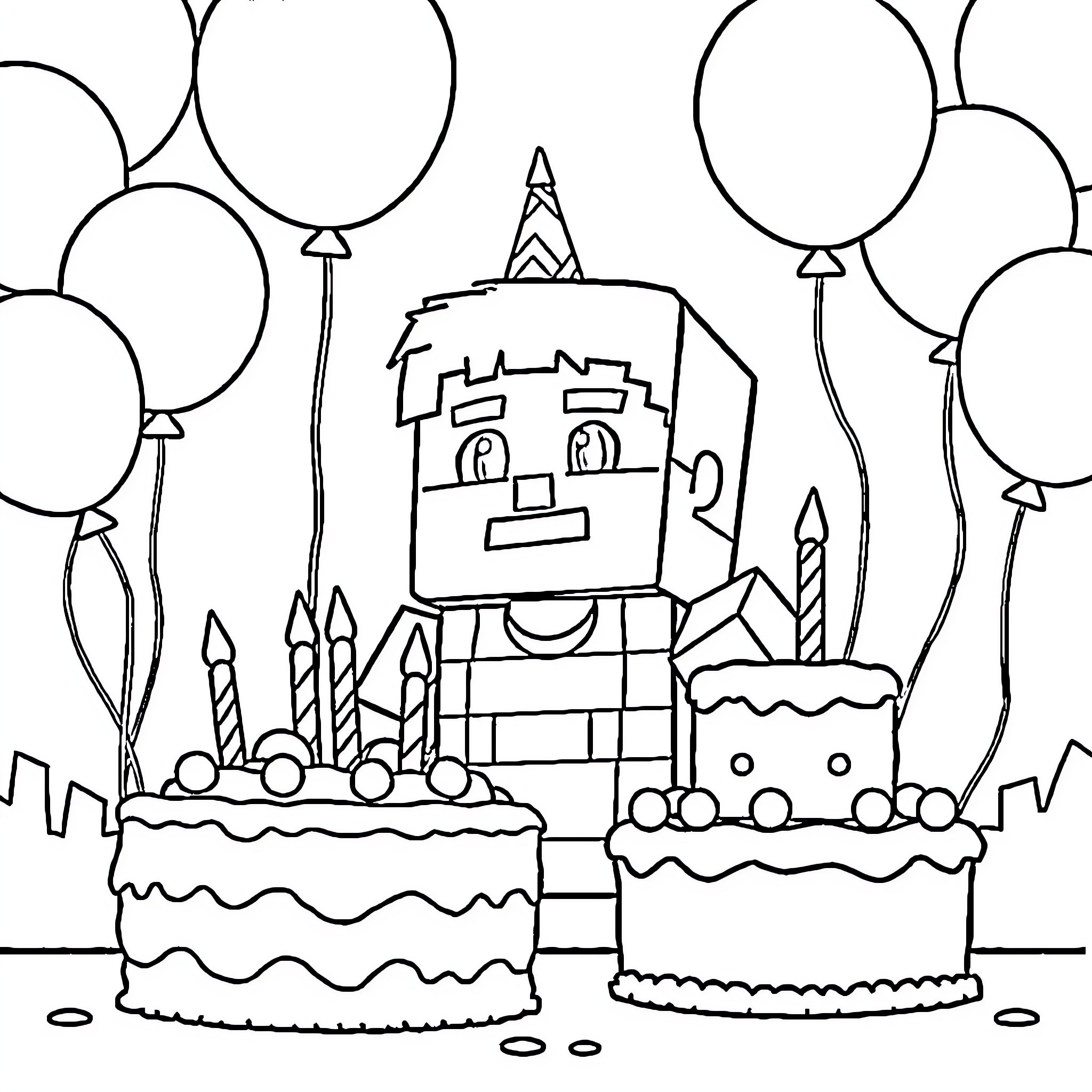 Steve's Joyous Birthday Celebration with Balloons and Cakes Coloring Page (free black-and-white line drawing printable PDF for all, from beginners to advanced learners, including children, teens, adults, and seniors)