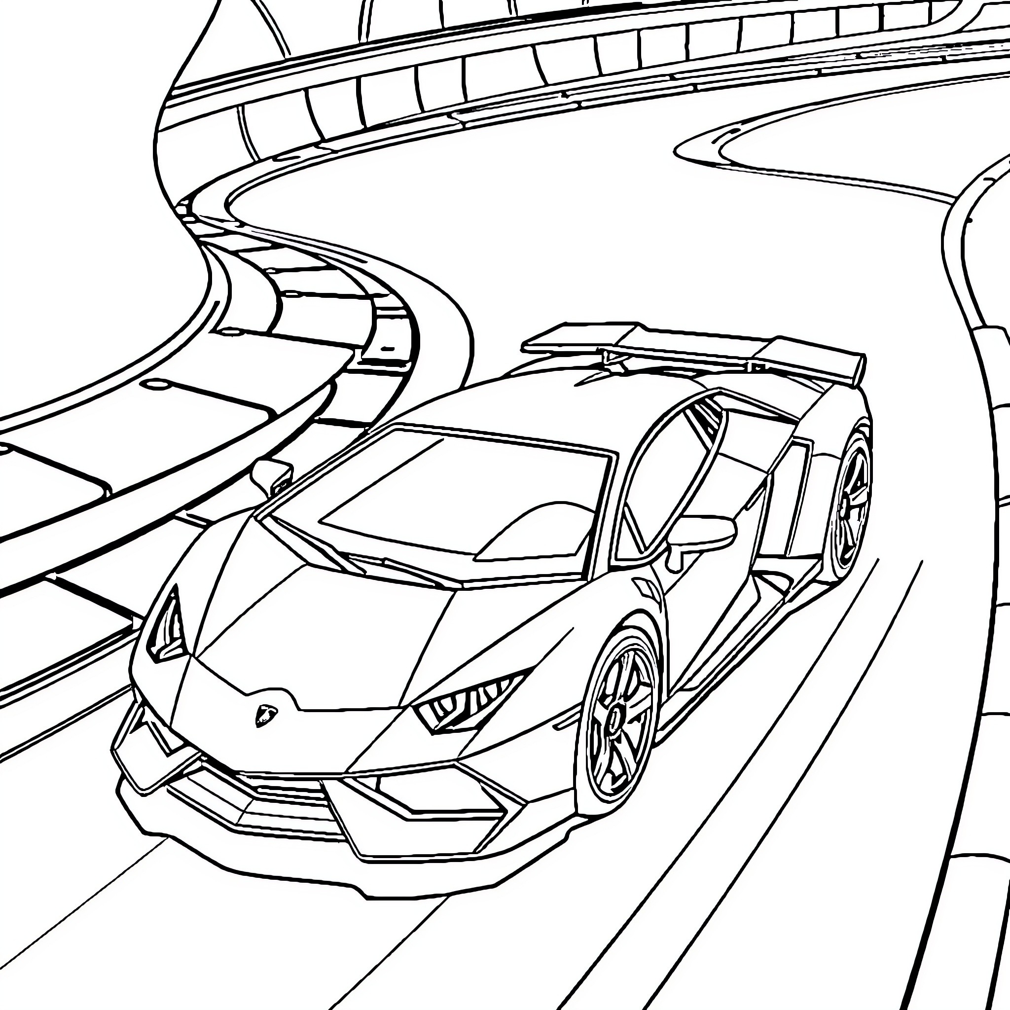 Lamborghini speeding through winding race track Coloring Page (free black-and-white line drawing printable PDF for all, from beginners to advanced learners, including children, teens, adults, and seniors)